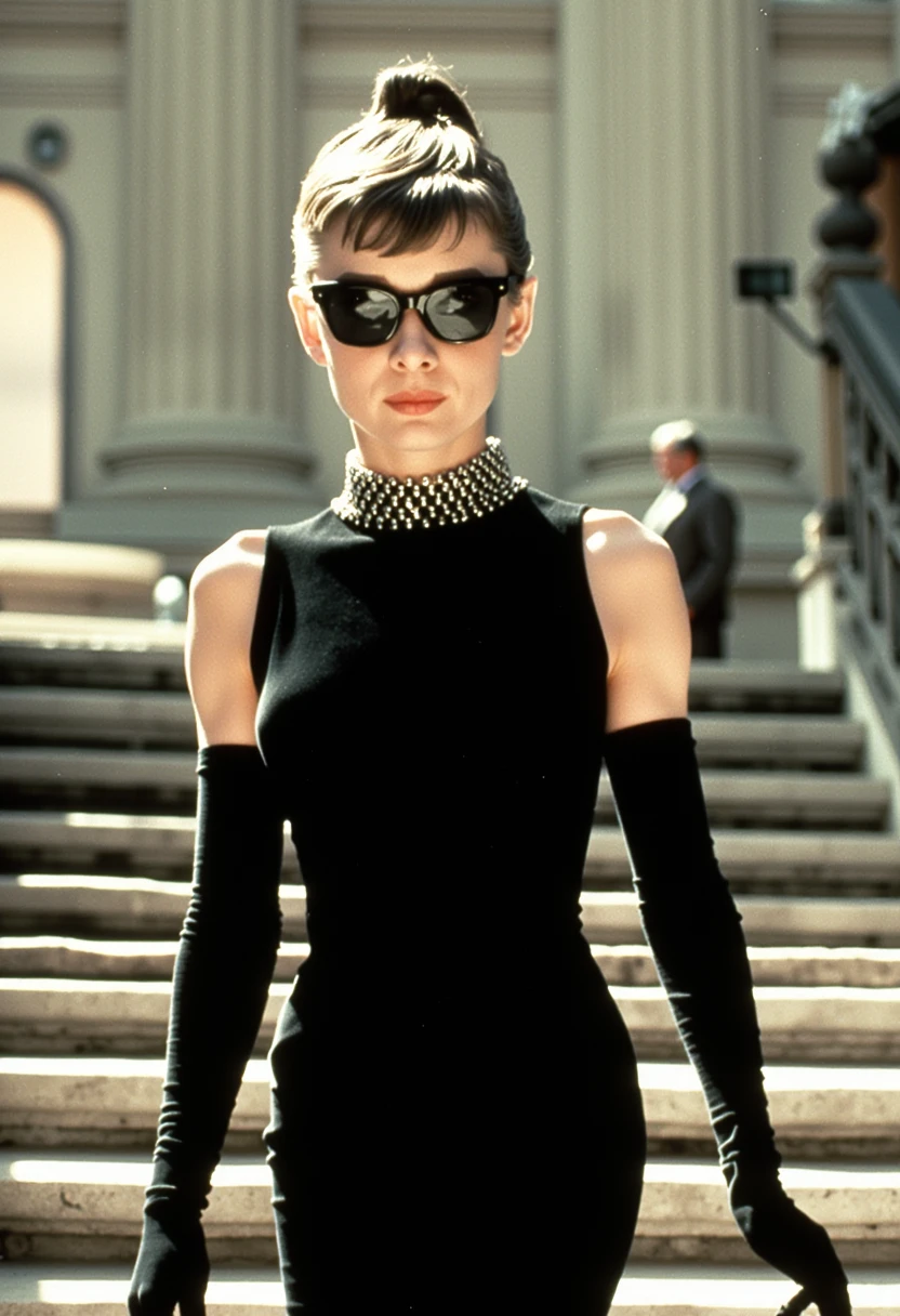 Dramatic Hollywood photo of Audrey Hepburn descending the Spanish Steps in Rome, wearing a sleeveless, form-fitting, long black dress made of a luxurious fabric, possibly velvet or satin, which clings to her slender figure. Her dress has a high neckline adorned with a delicate, intricate, pearl-encrusted collar that adds a touch of glamour. She accessorizes with long, elegant black gloves that extend past her elbows. Her eyes are obscured by large, dark sunglasses.