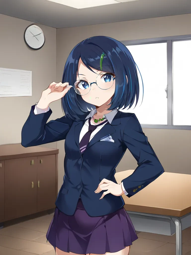 <lora:horilikozonstsukishiro:0.8>
1girl, solo, likorizons, medium hair, dark blue hair, green hairclip, blue eyes, necklace, blue blazer, necktie, purple skirt, eyewear, round glasses, indoors, librady, standing, parted lips, looking at viewer