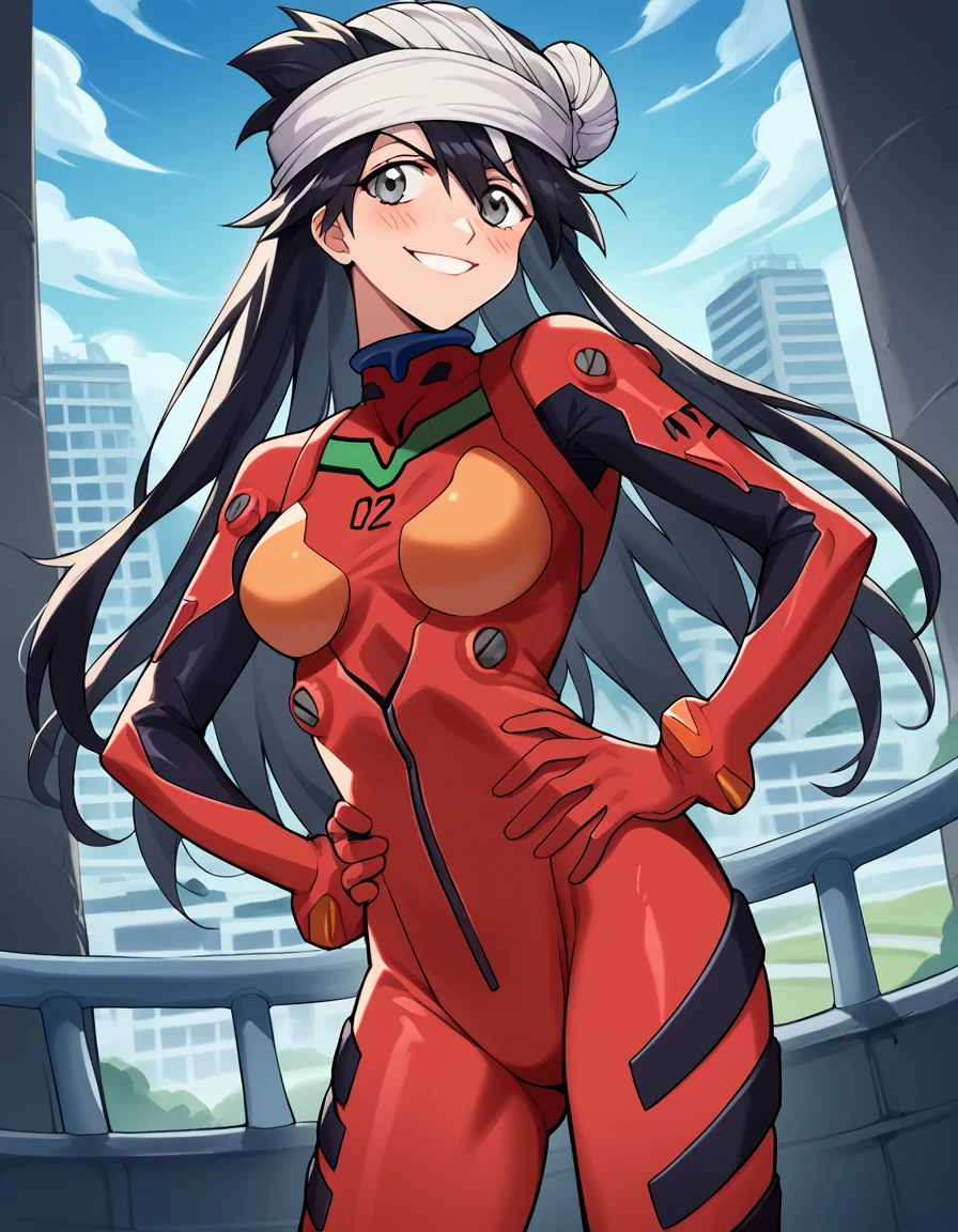 score_9, score_8_up, score_7_up, source_anime, <lora:kukaku-shiba-anime-ponyxl-lora-nochekaiser:1>, kukaku shiba, long hair, black hair, grey eyes, bandages,, <lora:souryuu-asuka-langley-cosplay-ponyxl-lora-nochekaiser:1>, souryuuasukalangleycosplay, souryuu asuka langley (cosplay), bodysuit, pilot suit, plugsuit, red bodysuit, interface headset,, cityscape, smile, blush, hands on hips,, , cowboy shot, dutch angle