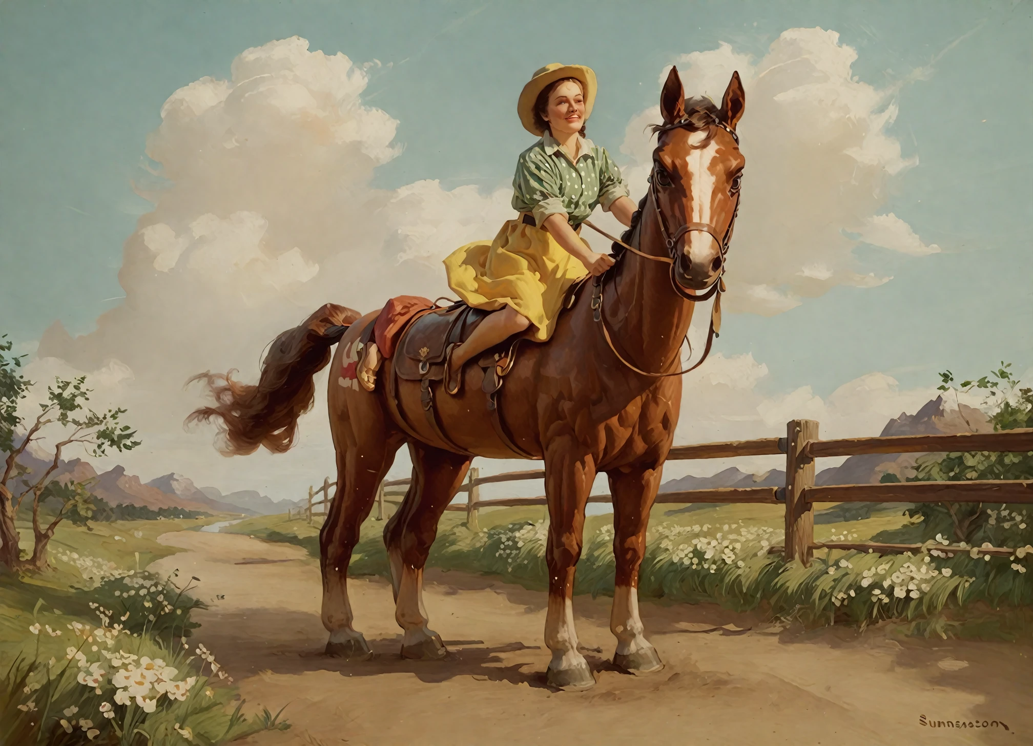 <lora:sundblom_pony_v1:1> '  landscape ' by haddon sundblom in 1960,,kitsch \(style\),genre painting \(genre\), a painting of a woman standing on top of a horse, score_9, score_6_up, score_7_up