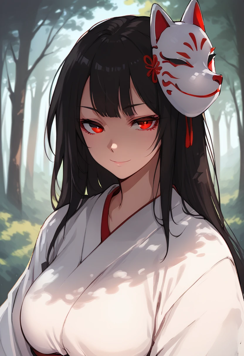 score_8_up, woman, long hair, black hair, outdoors, forest, upper body, shade, white kimono, wearing, fox mask, mask on head,  red eyes, looking at viewer, seductive smile, 
 <lora:FoxMask:1>