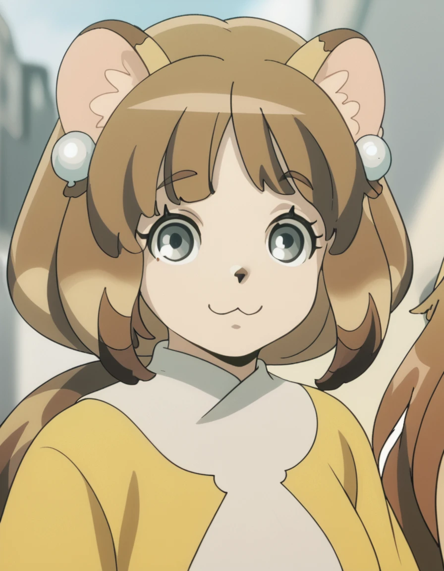 Hua, long hair, brown hair, animal ears, tail, animal ear fluff, grey eyes, furry female, animal nose, score_9, score_8_up, score_7_up, score_6_up, score_5_up, score_4_up, source_anime  <lora:LogHorizonDestructionoftheRoundTable:1> soft smile, portrait,