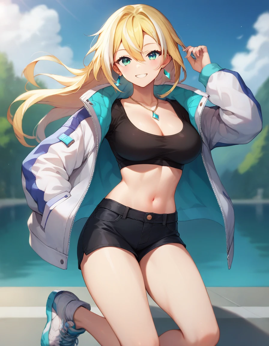 score_9,score_8_up,score_7_up,score_6_up BREAK official art,solo,outdoors,upper body,(portrait:1.5),looking at viewer,facing viewer,smile,rinkou ashelia,long hair,blonde hair,floating hair,streaked hair,earrings,hair between eyes,bangs,aqua eyes,collarbone,cleavage,jewelry,necklace,large breasts,white jacket,long sleeves,crop top,black shirt,midriff,open jacket,navel,black shorts,short shorts,bare legs,sneakers,white footwear,<lora:Rinkou Ashelia(vtb)-Pony:1.3>,<lora:Smooth Anime Style LoRA XL:0.8>,