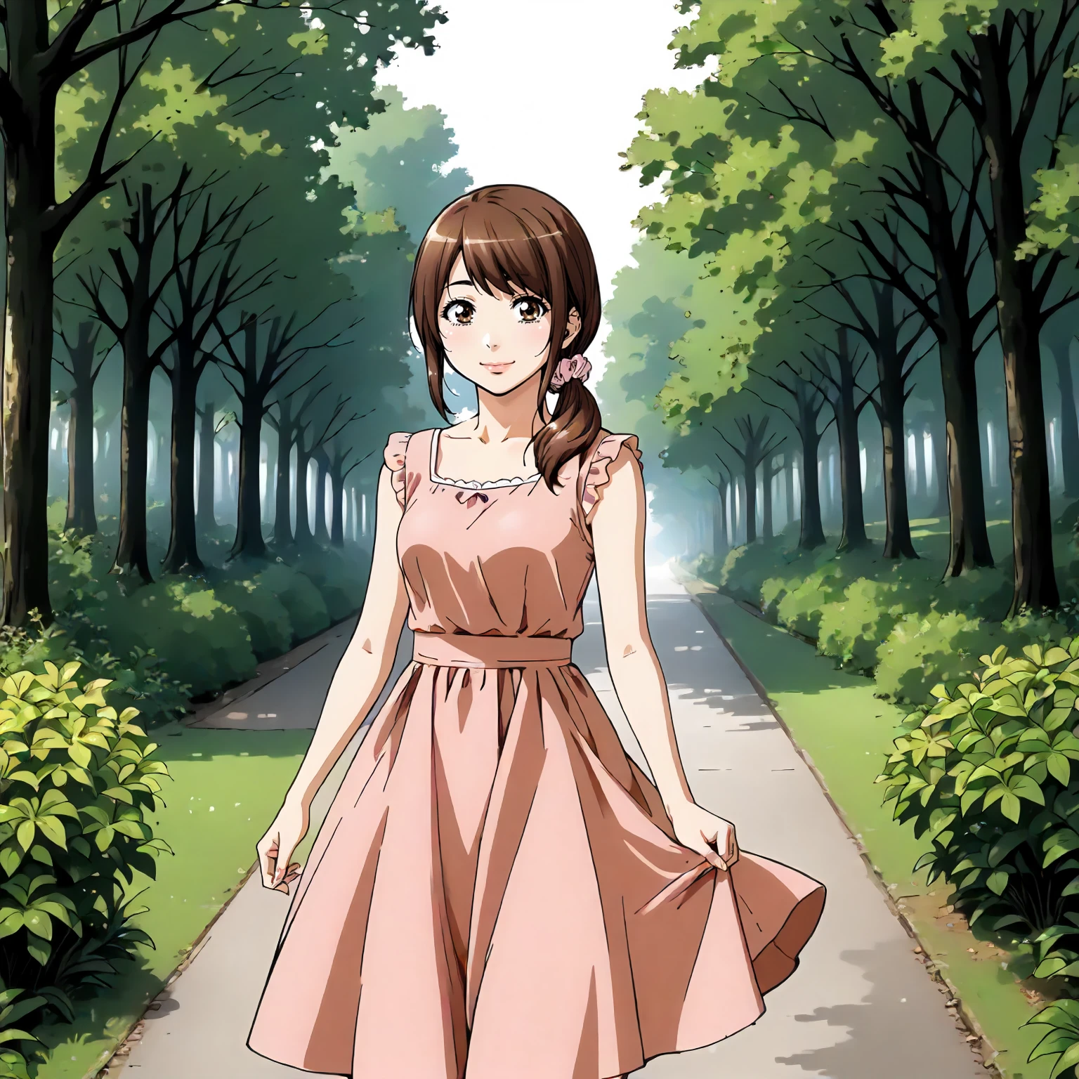 <lora:Us_SaekoXLpony003:0.8>,
outdoors,nature,
smile,
solo,
Saeko,1girl,brown hair,low ponytail,hair scrunchie,brown eyes,
dress,