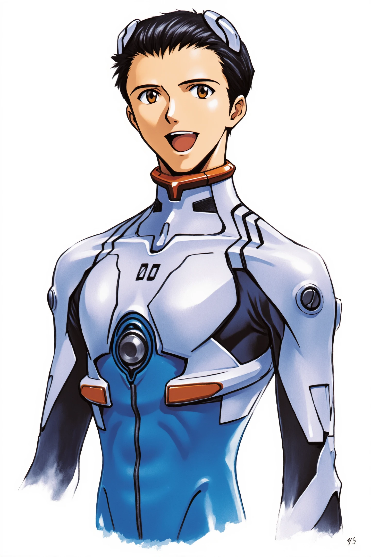 Sadamoto Yoshiyuki Style,1boy,male focus,plugsuit,solo,open mouth,bodysuit,smile,white background,simple background,upper body,brown eyes,pilot suit,blue bodysuit,black hair,looking at viewer,bangs,turtleneck,teeth,headgear,
<lora:Sadamoto Yoshiyuki_FLUX:1>,