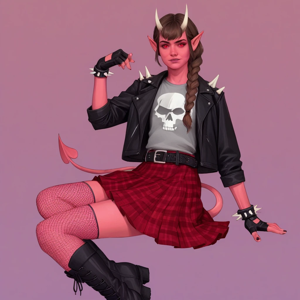 Score_9_up, source_8_up, source_7_up, source_realistic, Figfaeth, horns, pointy ears, red eyes, brown hair, purple gradient hair, braid, bangs, colored skin, pink skin, devil tail, leather jacket, grey skull print shirt, spiked bracelets, fingerless gloves, belt, red plaid skirt, single fishnet thighhigh, boots,