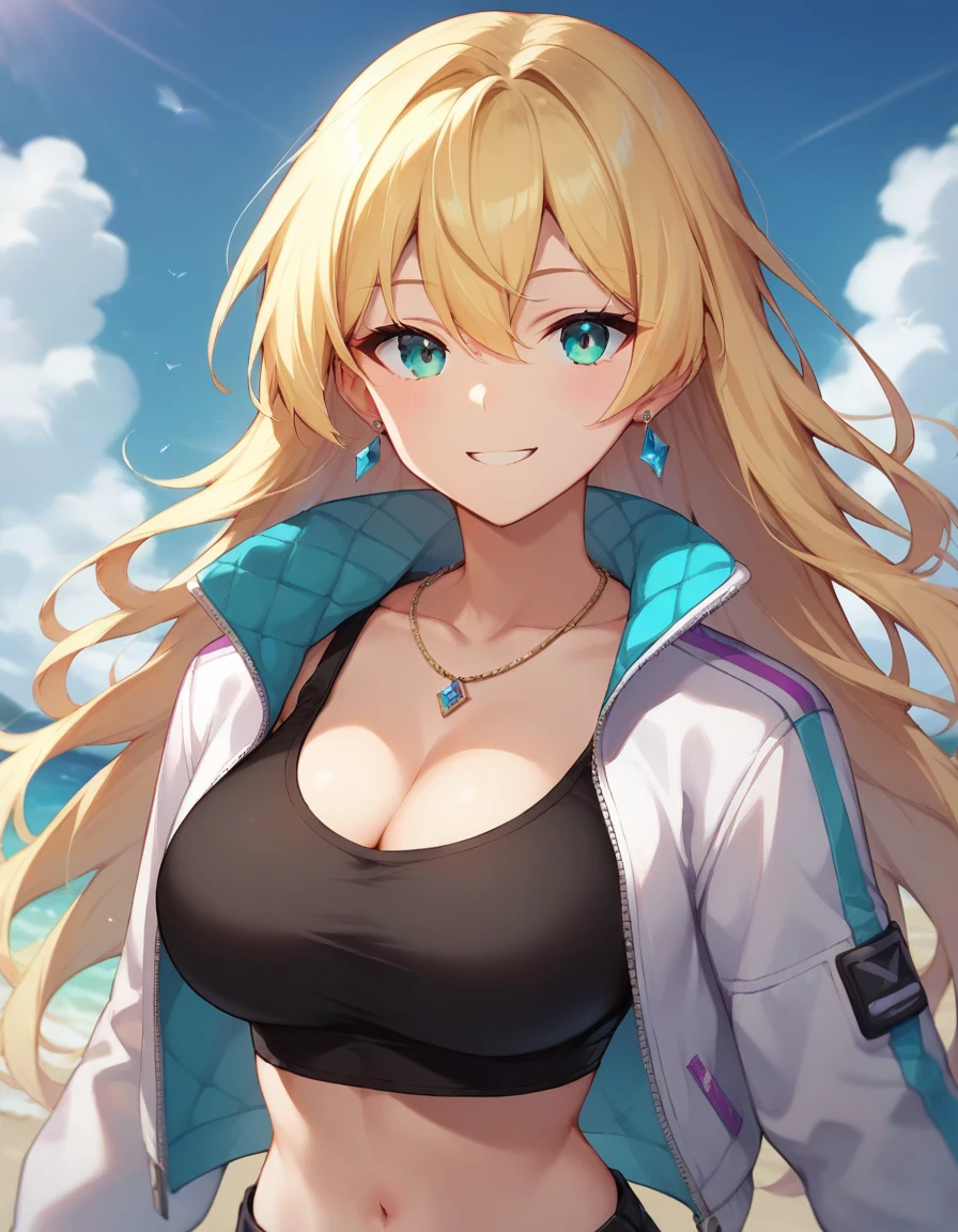 score_9,score_8_up,score_7_up,score_6_up BREAK official art,solo,outdoors,upper body,(portrait:1.5),looking at viewer,facing viewer,smile,rinkou ashelia,long hair,blonde hair,floating hair,streaked hair,earrings,hair between eyes,bangs,aqua eyes,collarbone,cleavage,jewelry,necklace,large breasts,white jacket,long sleeves,crop top,black shirt,midriff,open jacket,navel,black shorts,short shorts,bare legs,sneakers,white footwear,<lora:Rinkou Ashelia(vtb)-Pony:0.8>,<lora:Smooth Anime Style LoRA XL:0.8>,