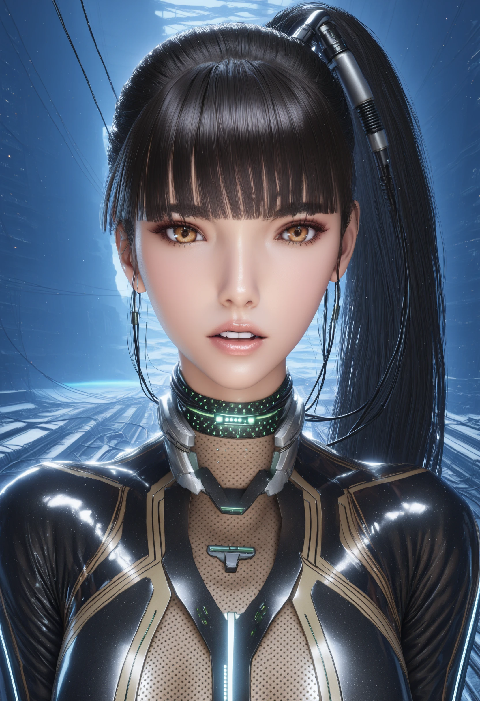 sysdeep_eve, 1girl, solo, long_hair, looking_at_viewer, black_hair, brown_eyes, upper_body, ponytail, parted_lips, teeth, blunt_bangs, side_ponytail, lips, science_fiction, realistic, cable, wire, <lora:Eve - [Stellar Blade] - SDXL Version 1:0.8>