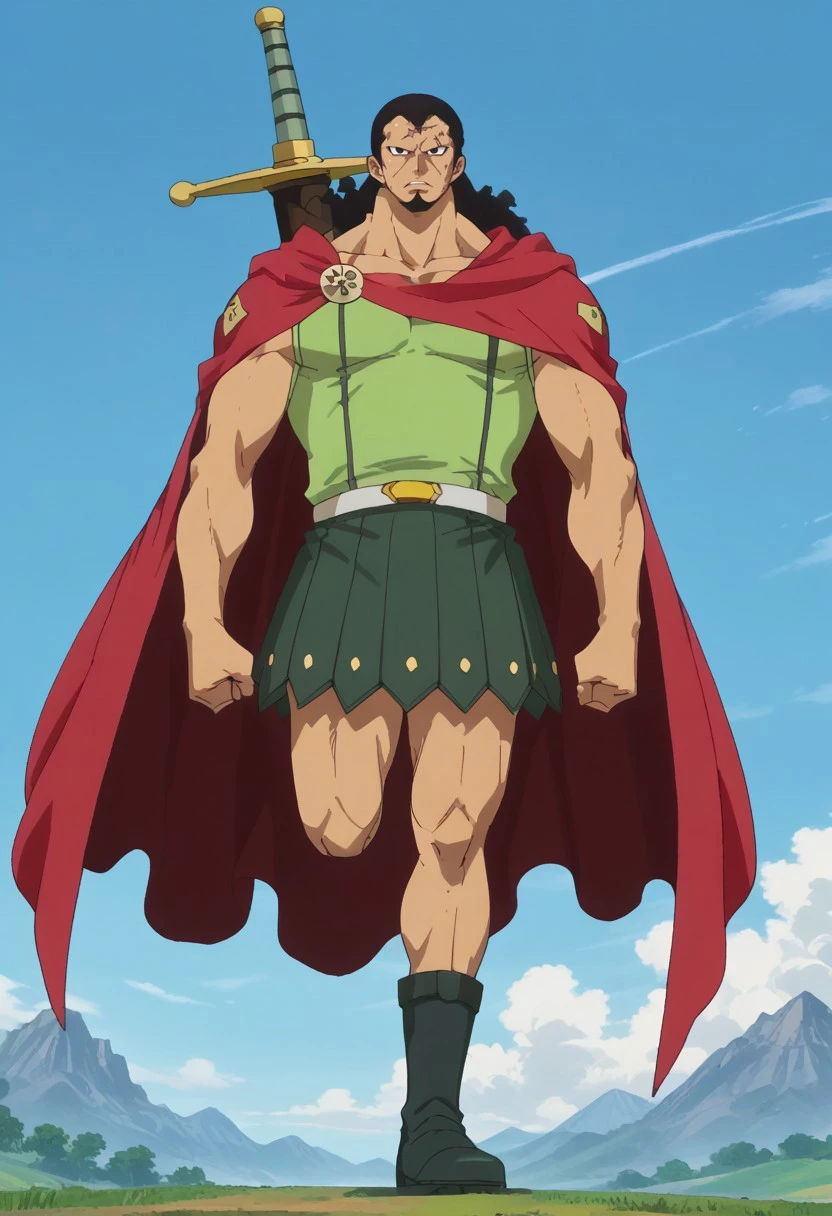 score_9, score_8_up, score_7_up, source_anime, rating_safe, black eyes, KyrosOP, black_Kyros_long hair, black_Kyros_goatee, brown_Kyros_scar on forehead, 1boy, male focus, anime screencap, Kyros_amputated single leg, red_Kyros_cape, sword on back, green_Kyros_single footwear, green-yellow_Kyros_skirt, green_Kyros_sleeveless, white-yellow_Kyros_belt,