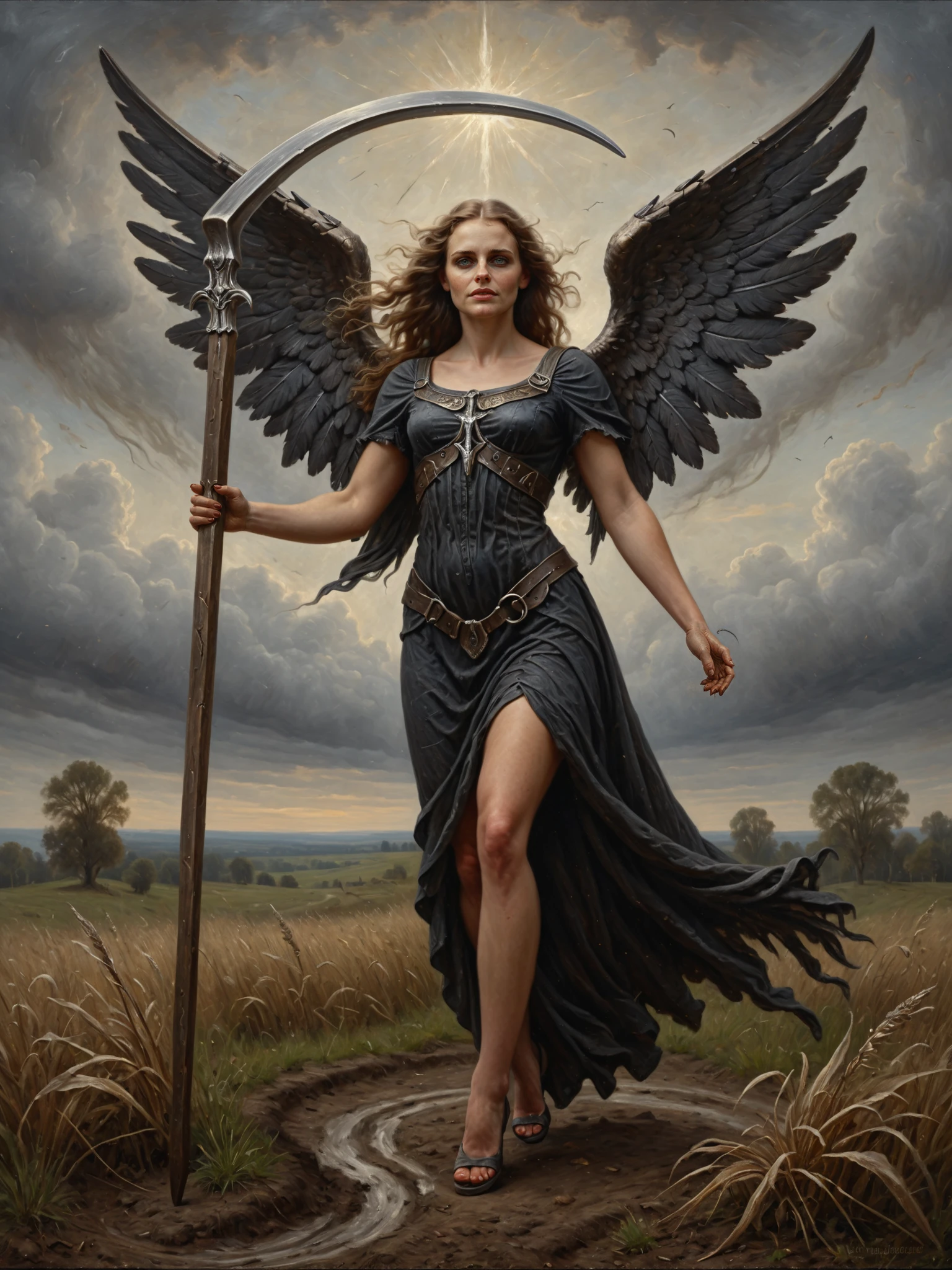 RAW, 8k, high resolution, masterpiece, best quality, dark fantasy painting of the Angel of Death holding a scyth3, scyth3, 30yo female, hovering above ground, outdoors, intricate details, fine texture, heavy brushstrokes, (sfw), <lora:SDXL1-ScytheXL_v0.24.224.05:0.8>,