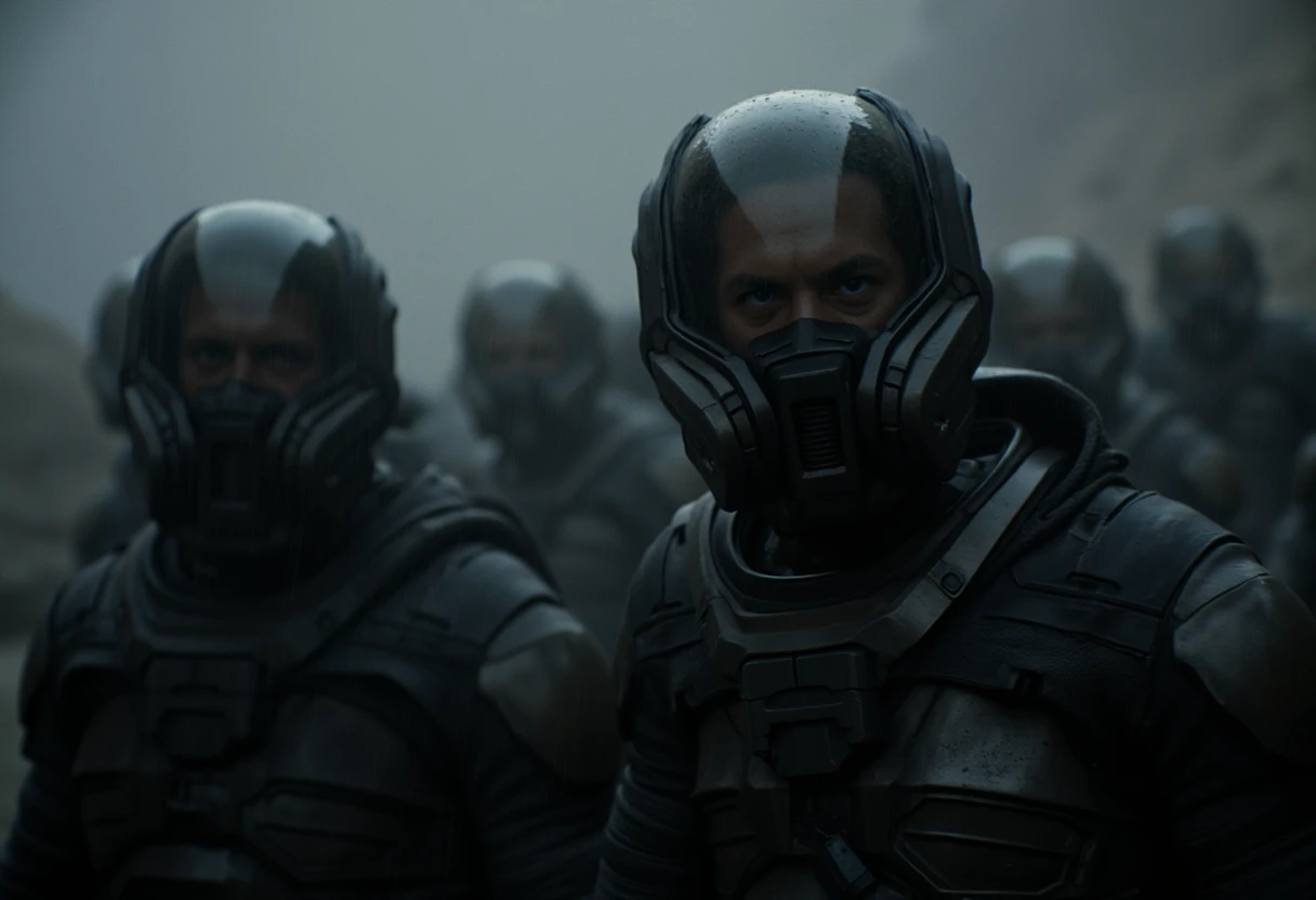 A cinematic shot  from a science fiction film, capturing a group of soldiers in the rain, wearing a futuristic armored suits with helmet that obscures the faces. The color palette is muted. The overall mood of the image is tense and foreboding, suggesting a moment of tension or anticipation. The image quality is film-like, cinematic and with film grain.