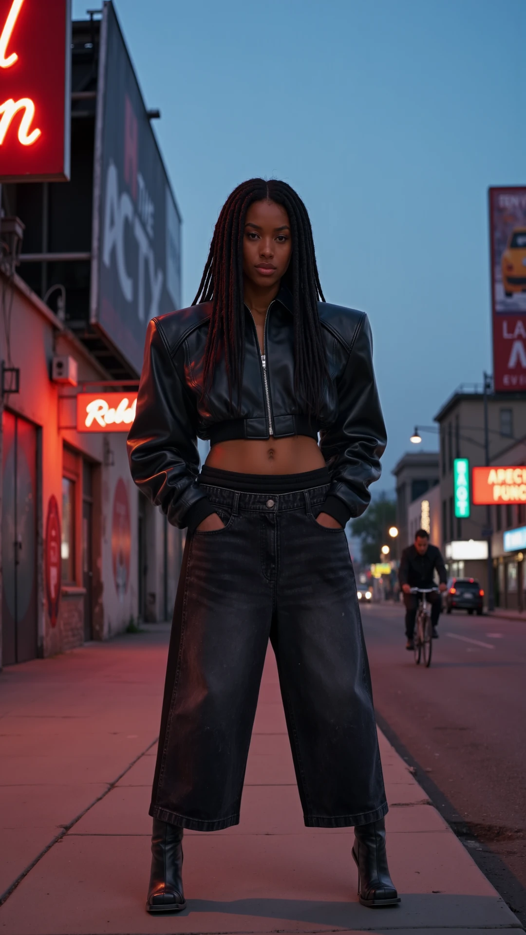 JUUN,In a gritty, urban Los Angeles setting at dusk, an Afro-American model with long, flowing rasta hair stands confidently against the backdrop of a neon-lit street. The scene is dominated by towering billboards, including a prominent "Rebel Moon" advertisement glowing above the street, casting a soft, cinematic light across the area. The sky is a deepening gradient of blue and purple as night falls, with the last traces of daylight fading behind the cityscape.

The background features a mix of urban elements: a weathered building with graffiti on the side, the entrance to a dimly lit alleyway, and a neon sign for a local bar. The sidewalk is cracked and uneven, reflecting the wear and tear of the bustling city. In the distance, a cyclist rides by on the street, adding a sense of movement and energy to the otherwise still evening. The combination of billboards, neon lights, and the rugged environment creates a moody, atmospheric setting typical of Los Angeles nightlife.

The Afro-American model stands out boldly in this scene. Her long rasta hair cascades down her back and shoulders, catching the glow from the surrounding lights. The rastas are intricately styled, with some strands adorned with beads and wraps, adding texture and personality to her look. Her posture is strong and poised, exuding confidence and urban coolness.

She is dressed in high-waisted, faded black jeans that stop at mid-calf, featuring large back pockets and a cinched waist that accentuates her figure. The jeans have a slightly worn, vintage feel, adding a touch of ruggedness to her outfit. She complements these jeans with a black cropped jacket made from shiny leather, featuring puffy, voluminous sleeves that create a dramatic silhouette. The jacket fits snugly around her waist, highlighting her curves and adding a modern, edgy vibe to her look.

Completing her outfit are sleek, black leather heeled boots that rise just below the knee. The boots have a pointed toe and a slender heel, giving her a polished and sophisticated appearance, which contrasts intriguingly with the rough, urban background. The model’s presence adds a powerful, stylish energy to the scene, making her the focal point against the gritty, vibrant backdrop of Los Angeles.