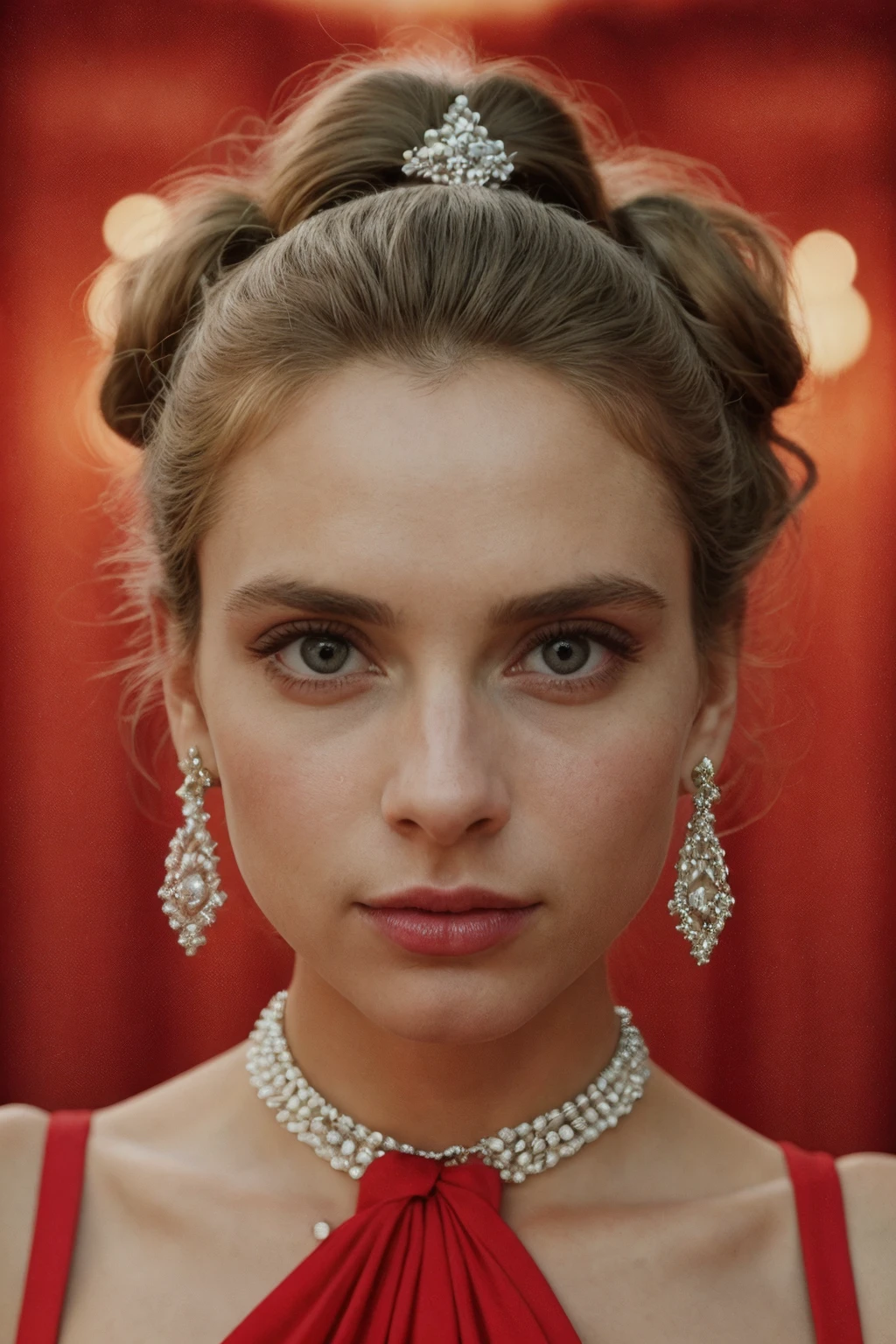 [VOGUE MAGAZINE PHOTOSHOOT] of an English woman wearing a flowing red sleeveless dress, standing elegantly in a grand ballroom, surrounded by chandeliers and ornate decor, with vibrant bubblegum pastel lighting, in the style of Wes Anderson. The woman's hair is styled in a classic updo, and she is adorned with delicate jewelry. The overall aesthetic is a striking blend of classic elegance and modern whimsy, reminiscent of a Wes Anderson film. <lora:Maryam_dAbo:1>, RAW candid cinema, 16mm, color graded portra 400 film, remarkable color, ultra realistic, textured skin, remarkable detailed pupils, realistic dull skin noise, visible skin detail, skin fuzz, dry skin, shot with cinematic camera