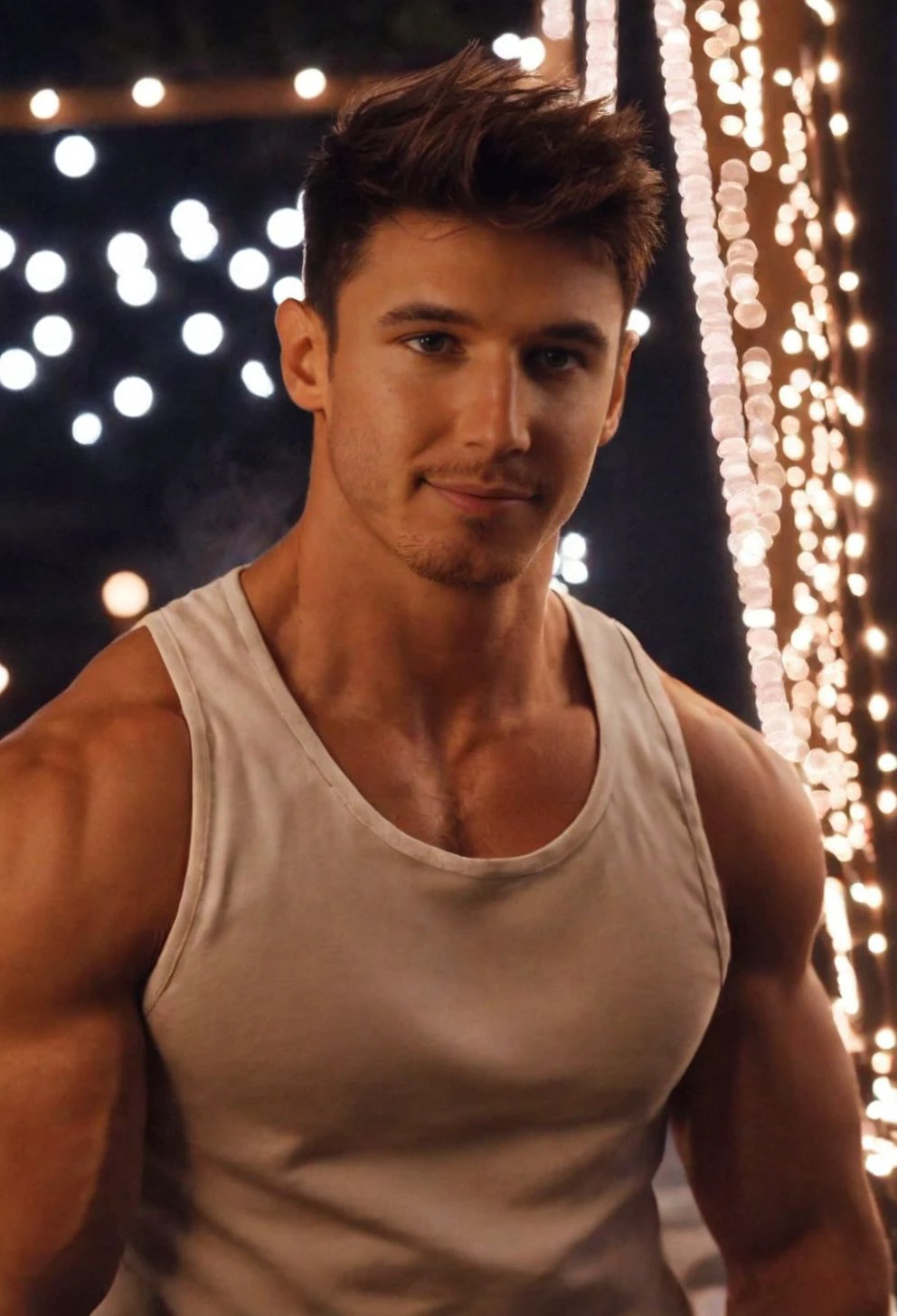 sam-cushing,male focus,solo,tank top,short hair,facial hair,white tank top,muscular,looking at viewer,muscular male,pectorals,brown eyes,brown hair,light smile,
(masterpiece:1.4),photograph,best quality,full color,contrasting color,highly detailed,(windy, mysterious, fairy lights, glossy hair, earthy),(1boy),close portrait,smile,
8k,
<lora:sam-cushing:1>,