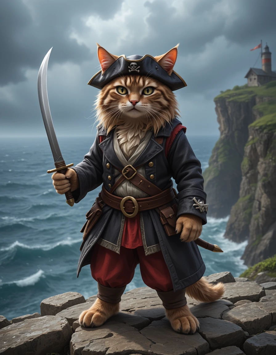 Cute anime cat wearing pirate costume like One Piece cartoon, detailed, Realistic, 8K Ultra HD, high quality