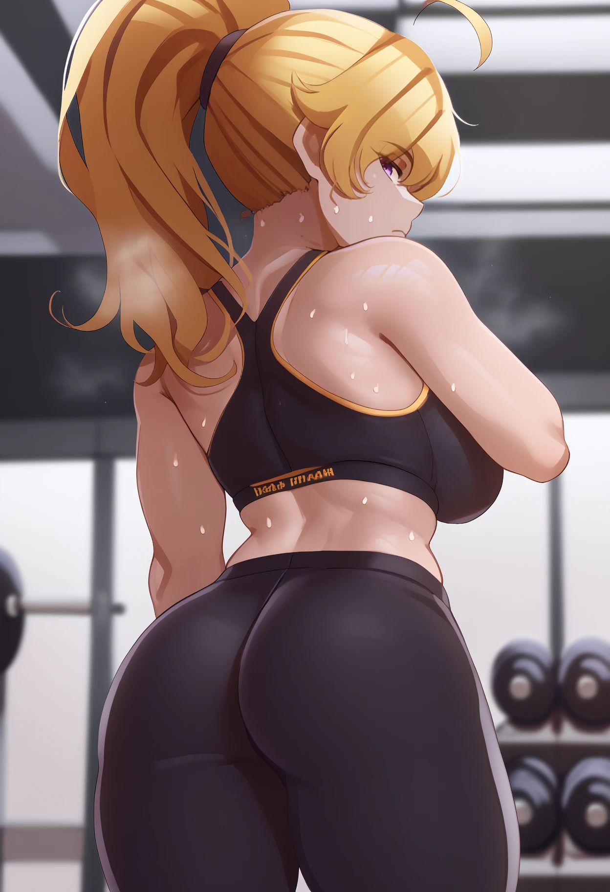 score_9, score_7_up, <break> from behind, solo, 1girl, rwbyyangs1, sweat, steaming body, expressionless, looking back, hand on own hip, long hair, ponytail, ahoge, black sports bra, black pants, yoga pants, tight pants, large breasts, ass, indoors, gym
 <segment:yolo-face_yolov8m.pt,0.4,0.5//cid=1>