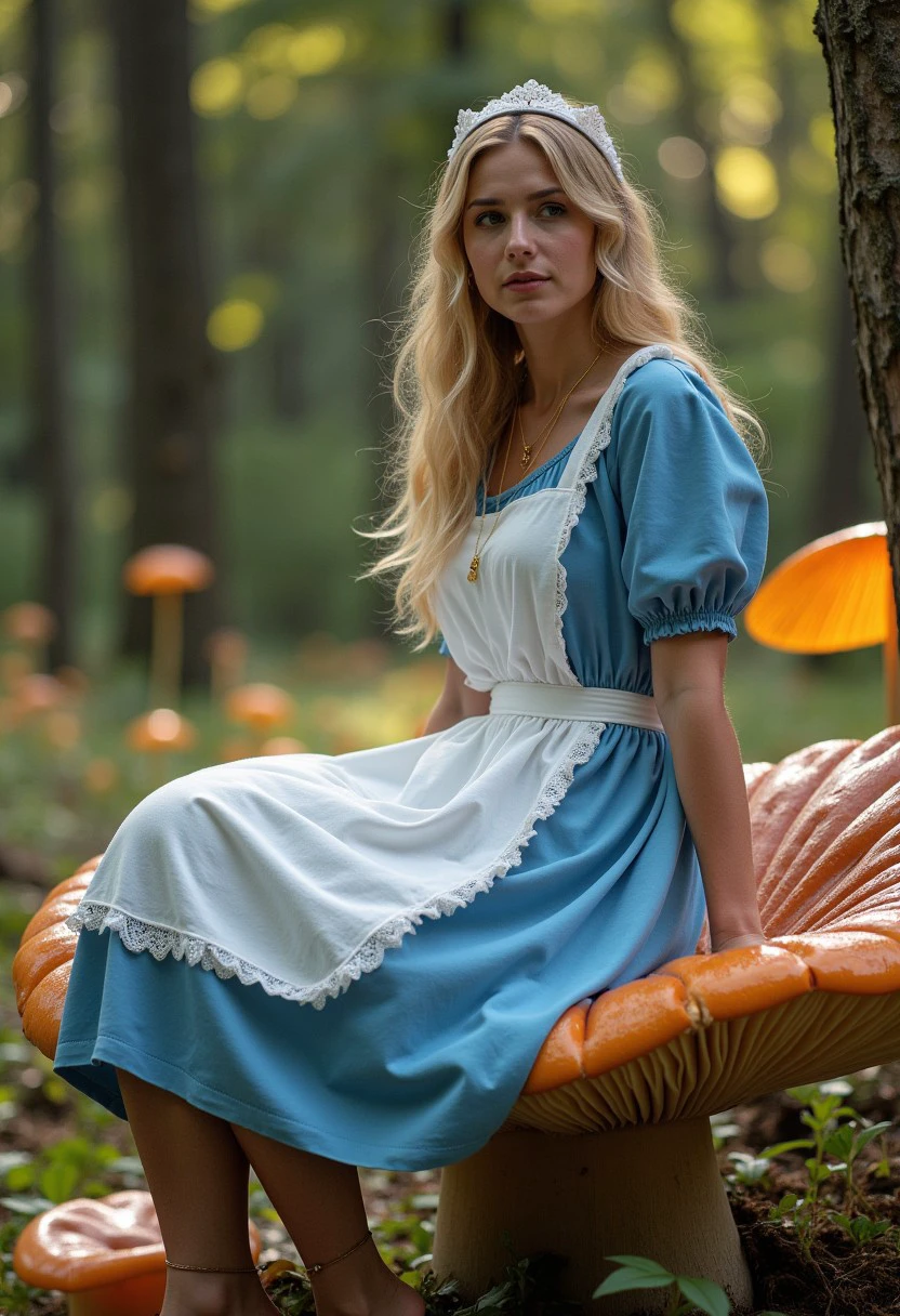 real life photo of @l1c3 in a blue dress, white apron, lace, sitting on a giant mushroom