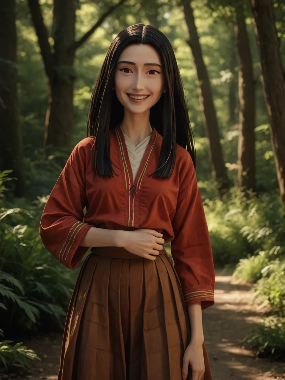 score_9, score_8_up, score_7_up,  score_6_up, BREAK, KubSariatu, 1girl, solo, female, long hair, black hair, looking at viewer, smile, red shirt, brown skirt, in the forest   <lora:Sariatu:0.9>