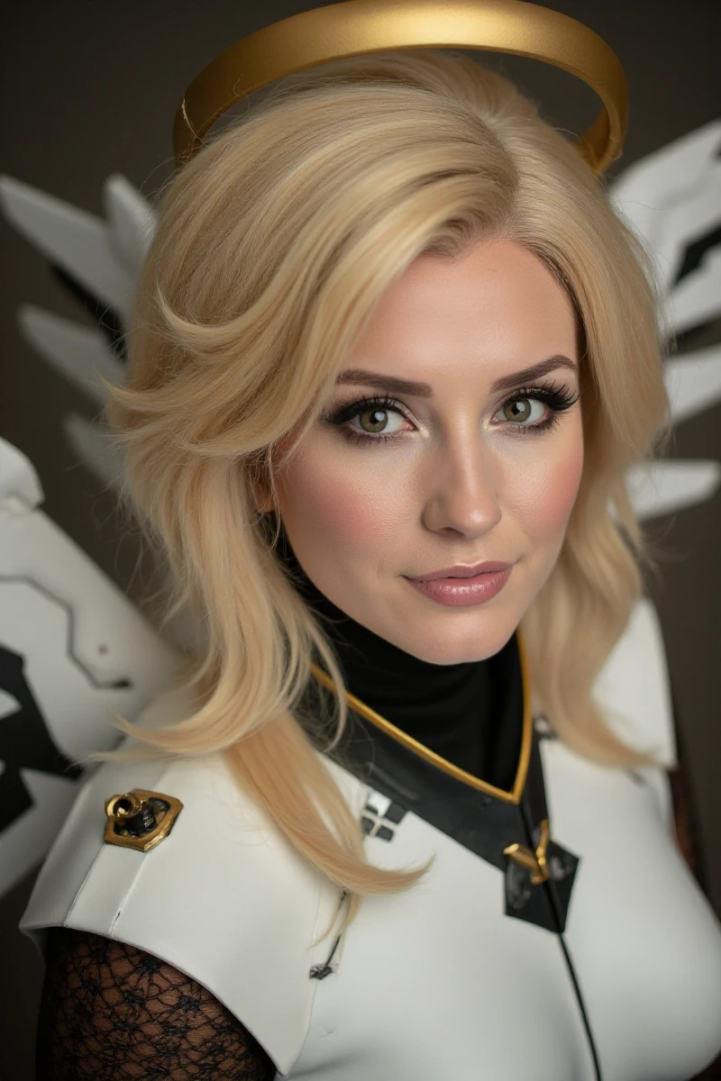 Mercy, a blond woman with a halo and wings, closeup face portrait. Professionnal photography. detailed eyes and skin. <lora:Mercy:0.9>