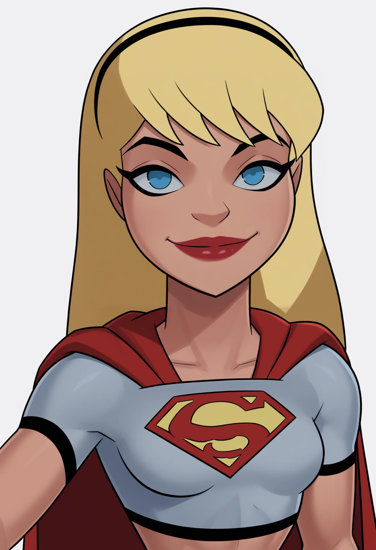 score_9, score_8_up, score_7_up, BREAK
1girl, supergirl, blonde hair, long hair, hairband, blue eyes, makeup, lipstick,
gloves, red cape, blue skirt, white crop top,
upper body, standing, smile, looking at viewer, solo, simple background, white background   <lora:SupergirlDCAUXL_byKonan:1>