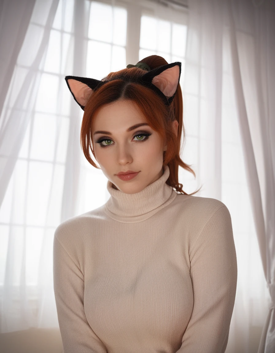 score_9, score_8_up, score_7_up, score_6_up, score_5_up, amouranth, 1girl, solo, looking at viewer, turtleneck sweater, backlighting, window, curtains, alluring, orange hair, lowered eyelids, eyeshadow, cat ears, ponytail, green eyes, detailed <lora:Amouranth_Pony_DoRa_32b:0.8>