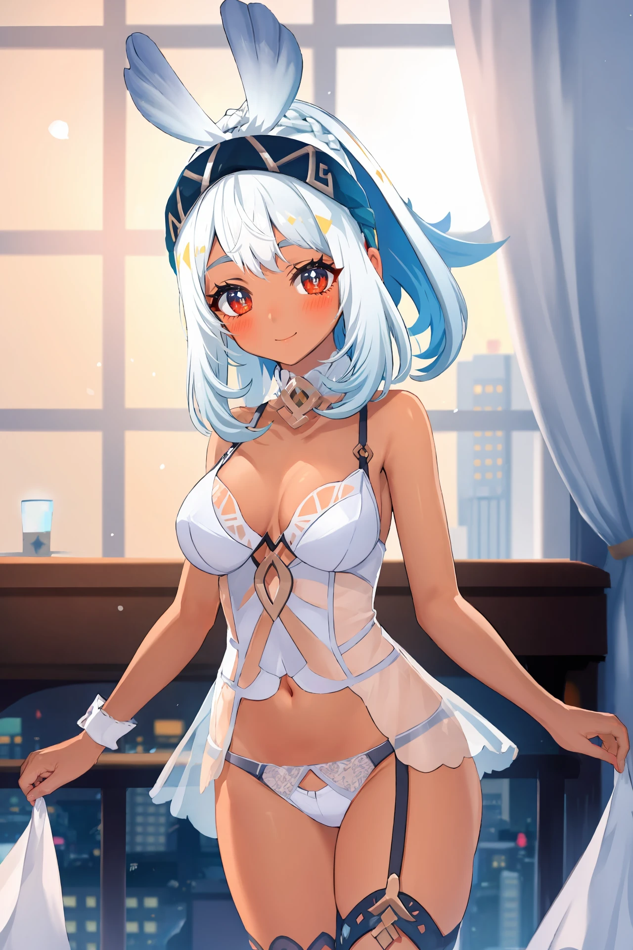 1girl, mualani \(genshin impact\), dark-skinned female, bow hairband, medium breasts, cowboy shot, hotel room, window, cityscape, night, looking at viewer, depth of field, light smile, blush, <lora:cos-bridal_Lingerie:0.8> bridal lingerie, lace trim, see-through, garter straps, veil,