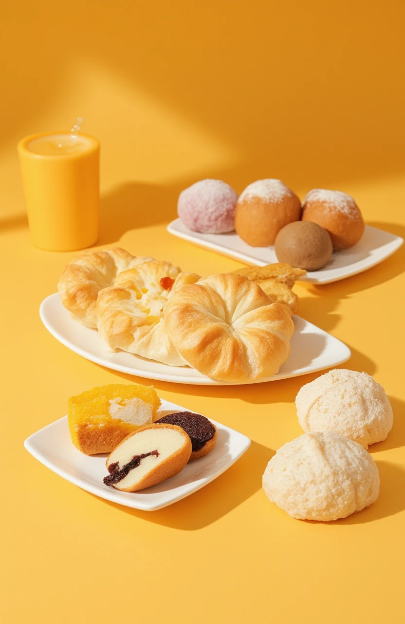 A colorful and artistic presentation of traditional Chinese pastries.

Details: The vibrant pastries are carefully arranged on modern white plates, each with unique colors and textures, placed on a warm, mustard-yellow surface. The shadows cast by the pastries and plates add depth and a sense of warmth to the composition.
Environment: A minimalist studio setting with a warm color palette that highlights the traditional delicacies.
Style: Modern still life photography with a focus on traditional food in a contemporary setting.
Lighting: Soft, directional lighting that enhances the textures and colors of the pastries.
Mood: Warm, inviting, and artistic.
Resolution: Ultra-high resolution to capture the fine details of the pastries and the subtle shadows.