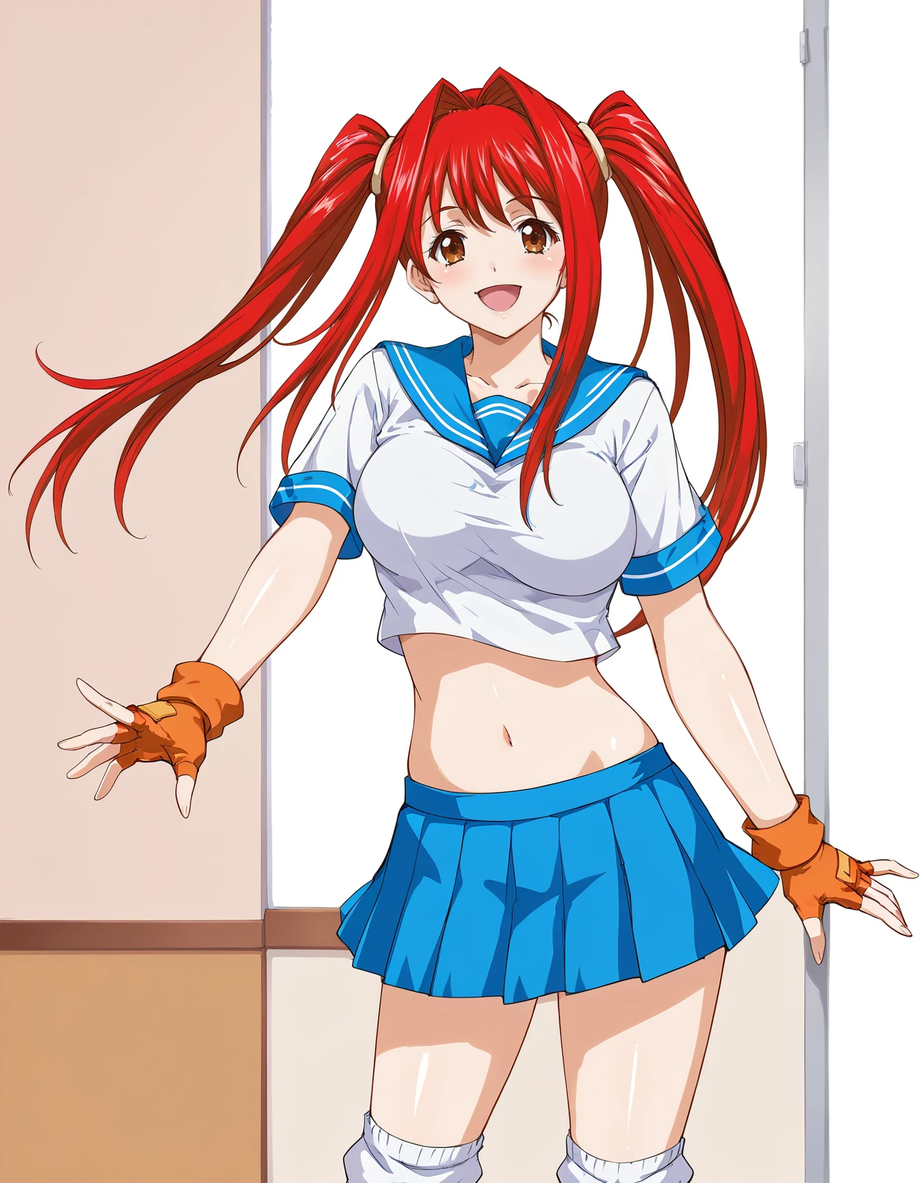 <lora:Kanpei_it:0.9>, kanpei_it, red hair, long hair, twintails, brown eyes, large breasts,
1girl, solo, cowboy shot , facing viewer , , open  mouth, smile,
serafuku, white shirt, midriff, navel, pleated skirt, blue skirt, loose socks, loafers, fingerless gloves, orange gloves, 
score_9, score_8_up, score_7_up, masterpiece, best quality, source_anime, uncensored