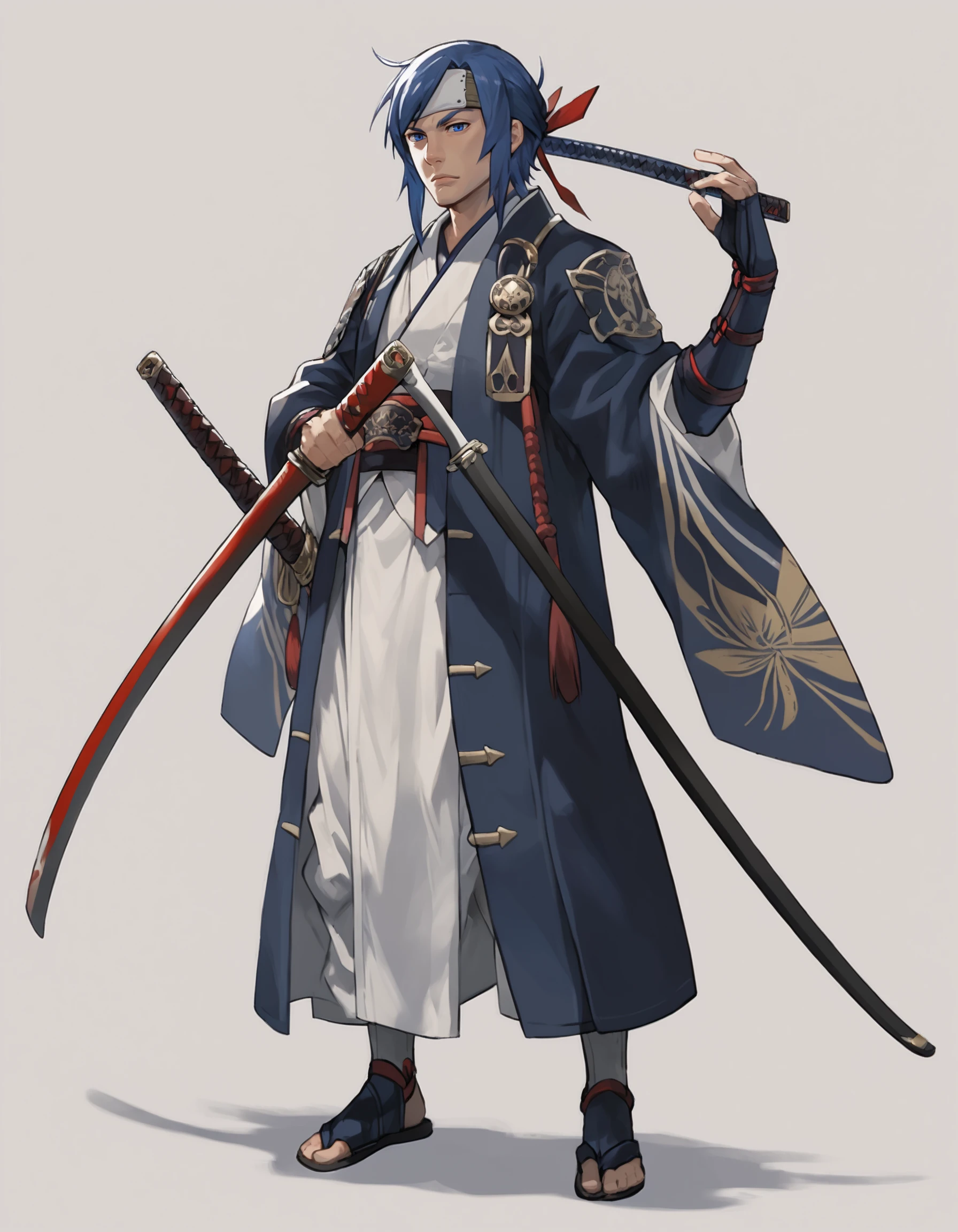 score_9, score_8_up, score_7_up, score_6_up, seliph, f1r3em8l3m style, solo, blue eyes, simple background, 1boy, white background, blue hair, standing, full body, weapon, male focus, japanese clothes, sword, holding weapon, armor, headband, katana, sheath, sheathed, japanese armor, samurair, boasting intricate details and engravings that seem to dance across her imposing physique, <lora:f1r3em8l3m style-pony:1>