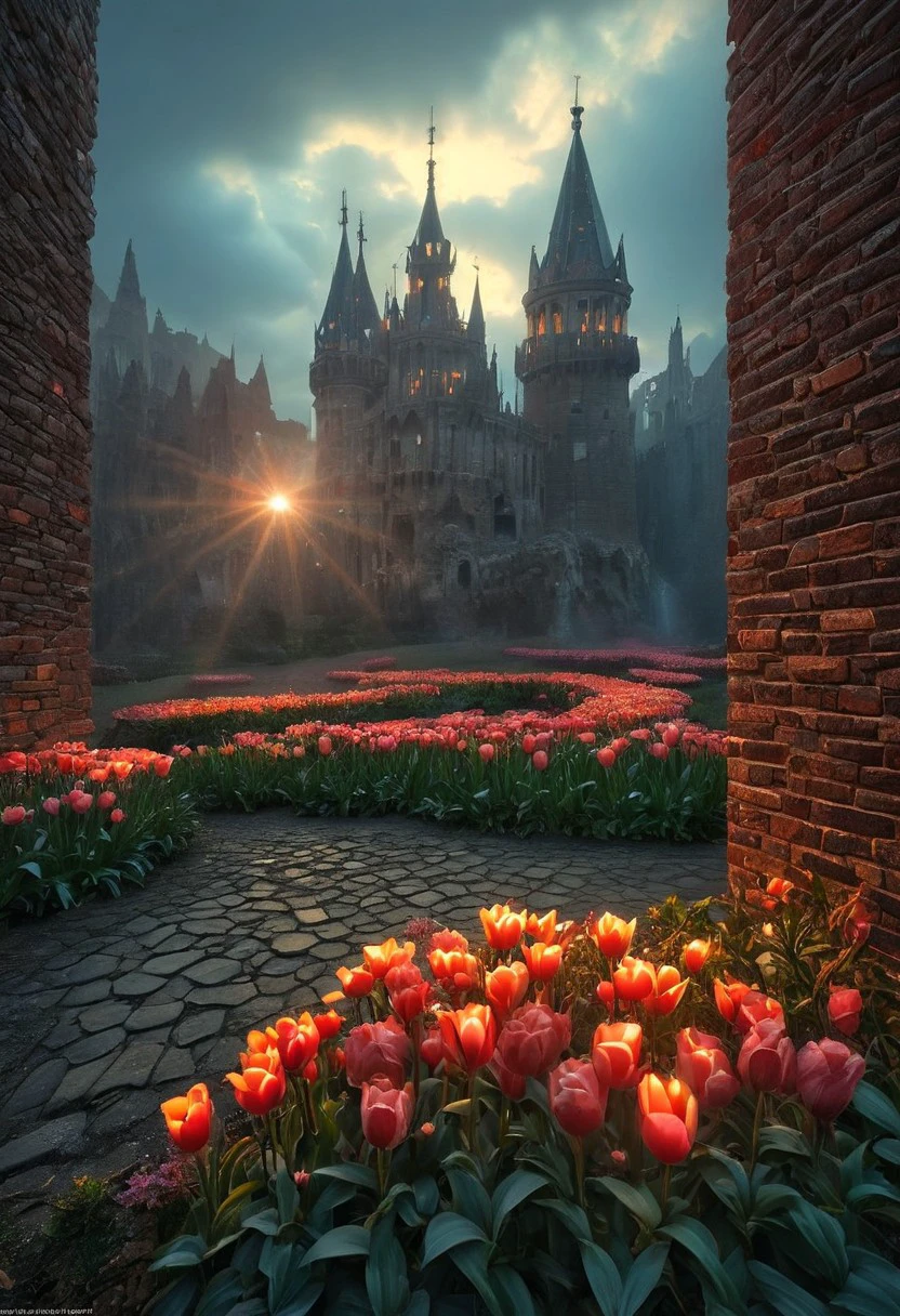 ((best quality:2)), ((masterpiece:2)), (detailed:2), ((High quality:2)),((high resolution:2)) (intricate details:1.2), hdr, (hyperdetailed:1.5), (natural texture,hyperrealism , soft light, sharp:1.2). Massive Gothic style castle with a quadrangular shape,( dark colored bricks on the exterior:2), with an Italian style fountain, with gardens full of bright red tulips and various trees everywhere, seen from the sky