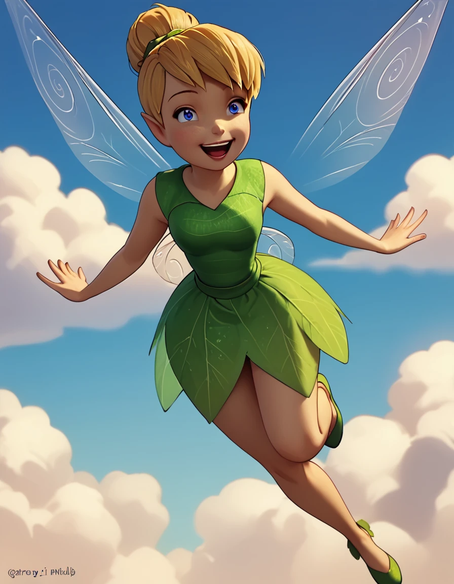 score_9, score_8_up, score_7_up, score_6_up, score_5_up, score_4_up, source_anime  <lora:DisneyTinkerbell:1>, happy, flying, blue sky, clouds Tinkerbell, fairy, pointy ears, blonde hair, blue eyes,