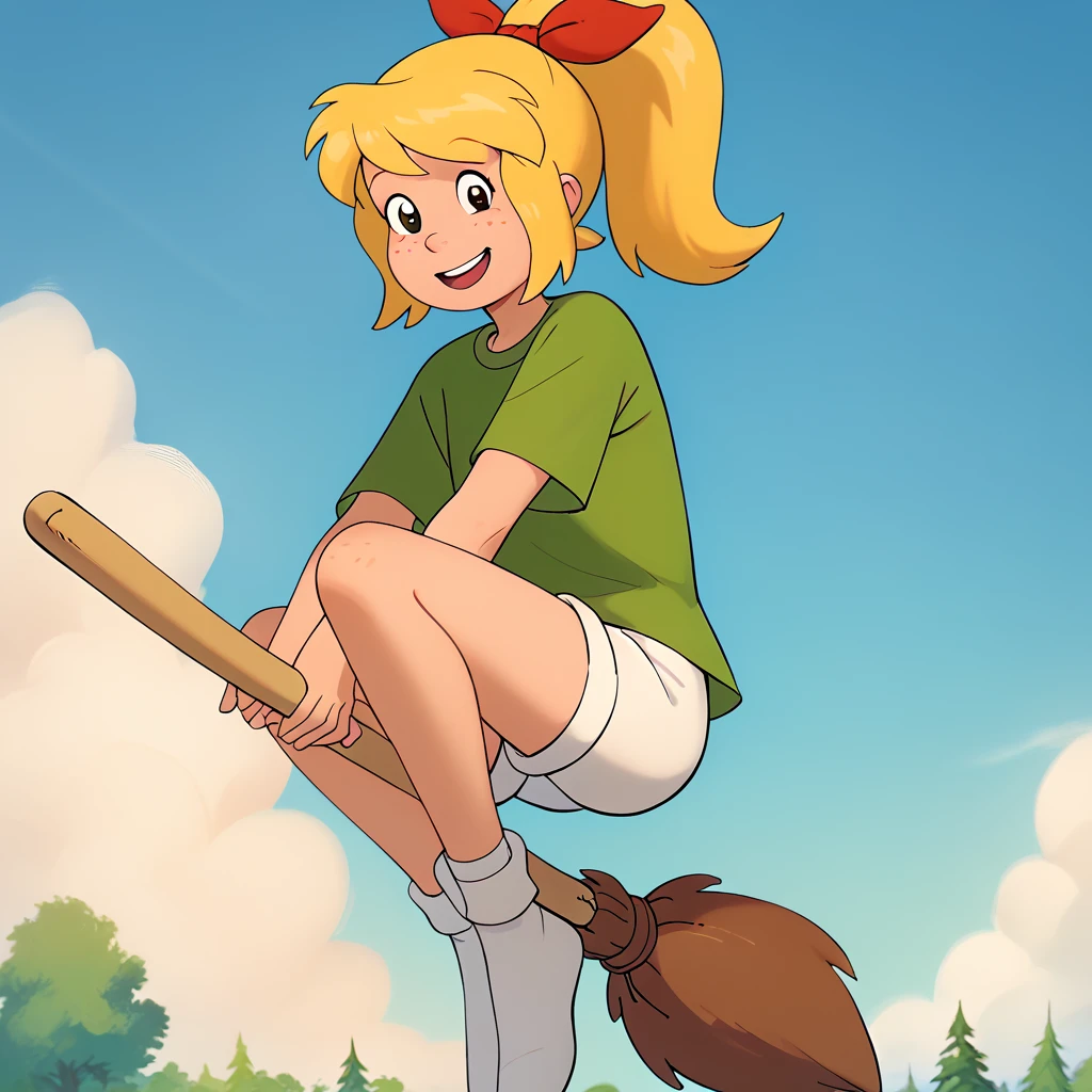 score_9, score_8_up, score_7_up, 1girl, solo, uncensored, <lora:BibiBlocksbergXL_v1.2-000065:1> bibi blocksberg, smile, open mouth, happy, broom riding, blonde hair, red ribbon, freckles, high ponytail, green shirt, white shorts, white socks, looking at viewer, outside, sunny, sky, cloud