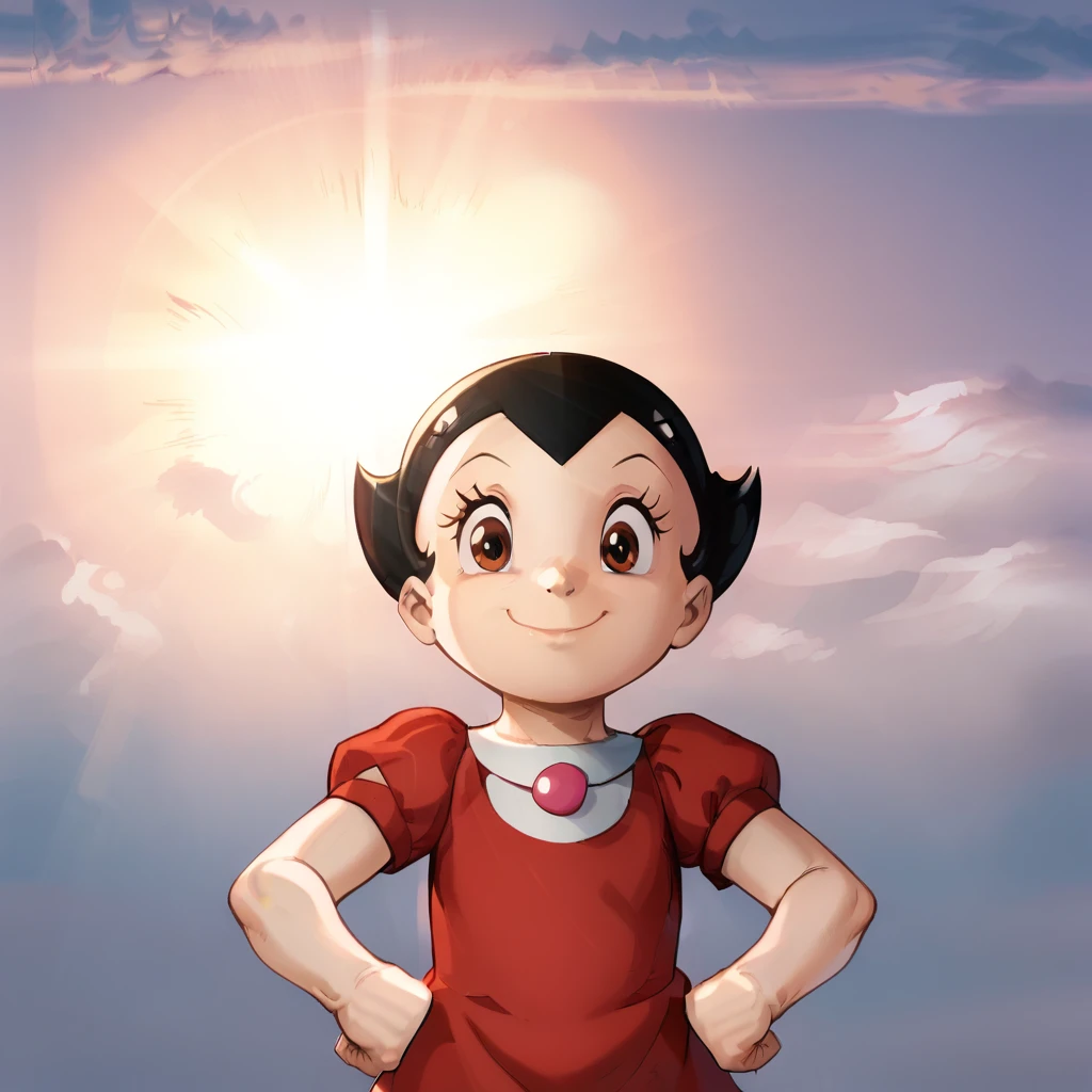 score_8_up, BREAK, uran, 1girl, solo, black hair, short hair, brown eyes, red dress, short sleeves, outdoors, <lora:AstroBoy_Uran_PXL_Leaf1:0.9>,  BREAK, smile, closed mouth,  sunrise,  sky,  cloud,  sunset, sunlight,  light rays, outdoors, hands on own hips, clenched hands,  <lora:SupermanSmile_PXL_Leaf3_r2:0.8>, looking at viewer,