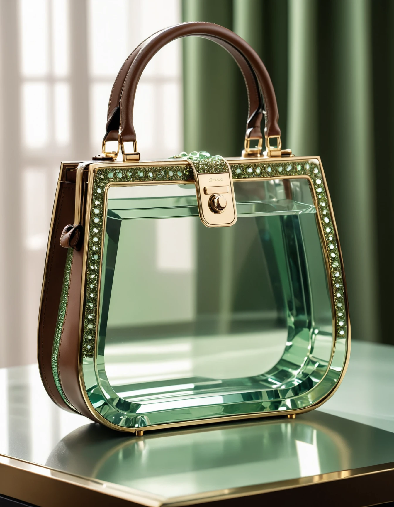 Close-up fashion photography, (Light green crystal bag with gold trim:1.3), Symmetrical composition, Glass handbag, Brown leather handle, (Glistening details:1.2), Display table setting, Reflected elegance, Subtle shadow play, (Bright ambient light:1.2), captured with a Canon EOS R5, RF 85mm f/1.2L lens, Crisp clarity, High-resolution details, Luxurious sheen