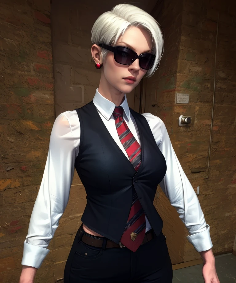 strngelve,sunglasses,short hair,white hair,
black vest,tie,long sleeves,belt,single earring,
standing, 
(insanely detailed, masterpiece, best quality) solo,<lora:StrangeloveMG:0.9>,