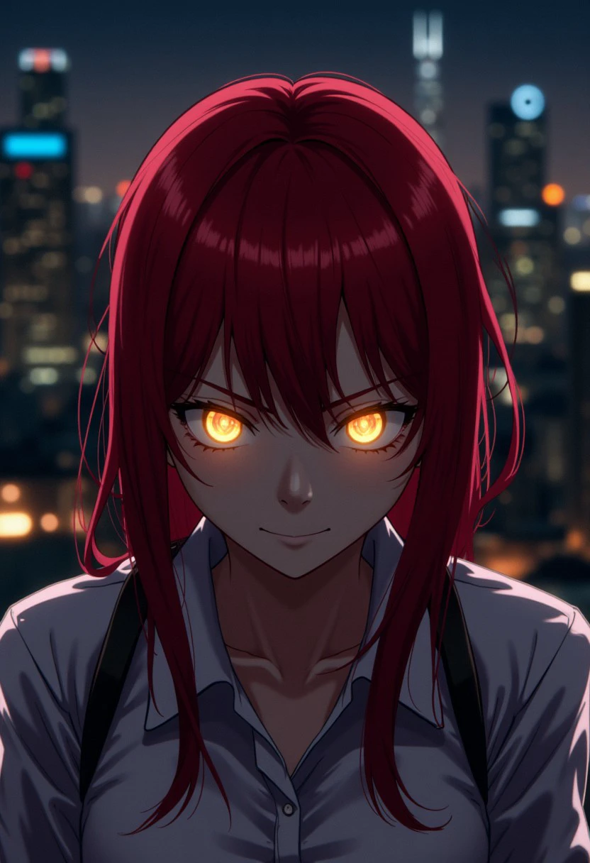 makima, red hair, yellow ringed eyes. Makima smiling angrily at the viewer like a menace. Her yellow eyes are glowing and the background is the skyline of tokyo