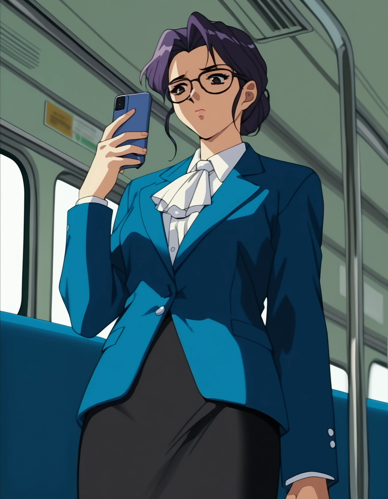 score_9,  score_8_up, score_7_up, <lora:shuusaku-ova-ponyxl-000006:1> ayka, glasses, blue jacket, white ascot, skirt suit, collared shirt, pencil skirt, black skirt, pantyhose
1girl, solo, smartphone, looking at phone, looking down, sigh, train interior, sunset