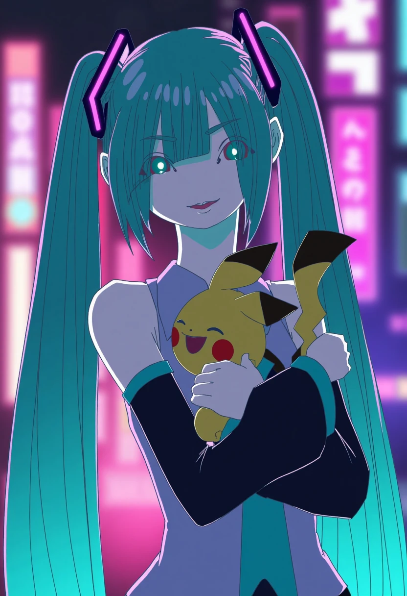 In the style of 240_mado, The image is a digital drawing in an anime style,Imagine a scene where Hatsune Miku is gently hugging a Pichu in her arms. Miku's iconic long, teal pigtails cascade down her back, glowing faintly with a neon tint that contrasts beautifully against the dark background. She's wearing her typical futuristic outfit, but the colors are slightly more vibrant, almost glowing, adding to the psychedelic feel.  Pichu is nestled comfortably in her arms, eyes closed with a big, joyful smile on its face. Its tiny body is illuminated by the soft glow of Miku's outfit, making it stand out against the darker surroundings.  The background is filled with distant neon lights in various colorsâpinks, blues, purplesâthat create a dreamy, almost otherworldly atmosphere. These lights blur into abstract patterns, enhancing the psychedelic vibe. The entire image has a surreal quality, as if it's part of a vivid dream or a scene from a futuristic, neon-soaked world.