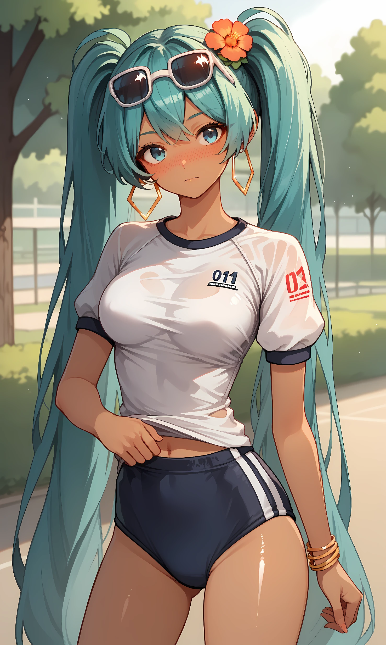 score_9, score_8_up, score_7_up, BREAK source_anime, 1girl, solo, outdoors, park, cowboy shot, standing, looking at viewer, miku_br, blue eyes, aqua hair, absurdly long hair, twintails, dark skin, hair flower ornament, hoop earrings, sunglasses, eyewear on head, white shirt, short sleeves, gym uniform, buruma, close-up, shiny skin, nose blush