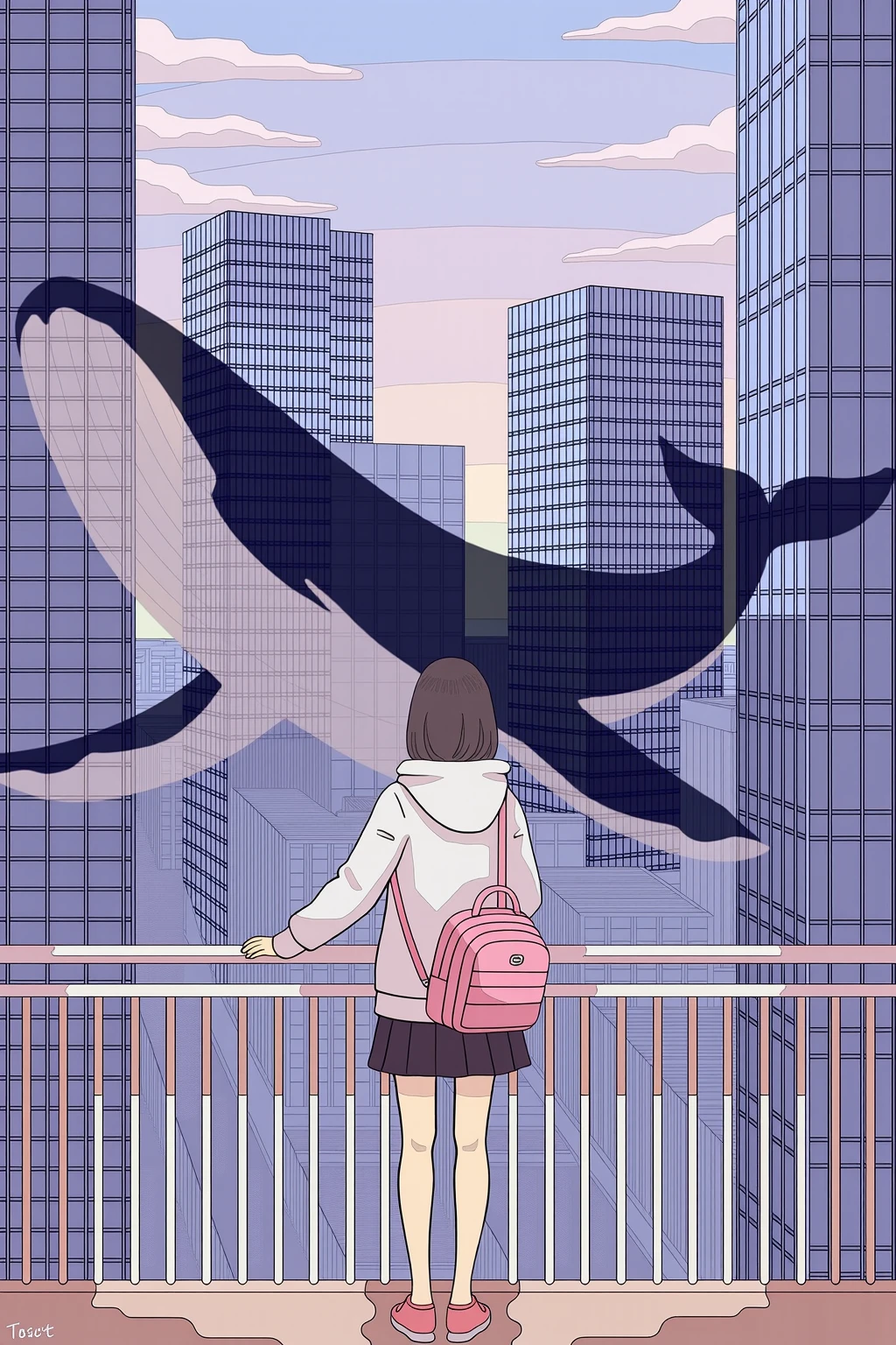 A image by balaenoptera style,A girl's back is turned.whale,bag,building,gradual change of color tone