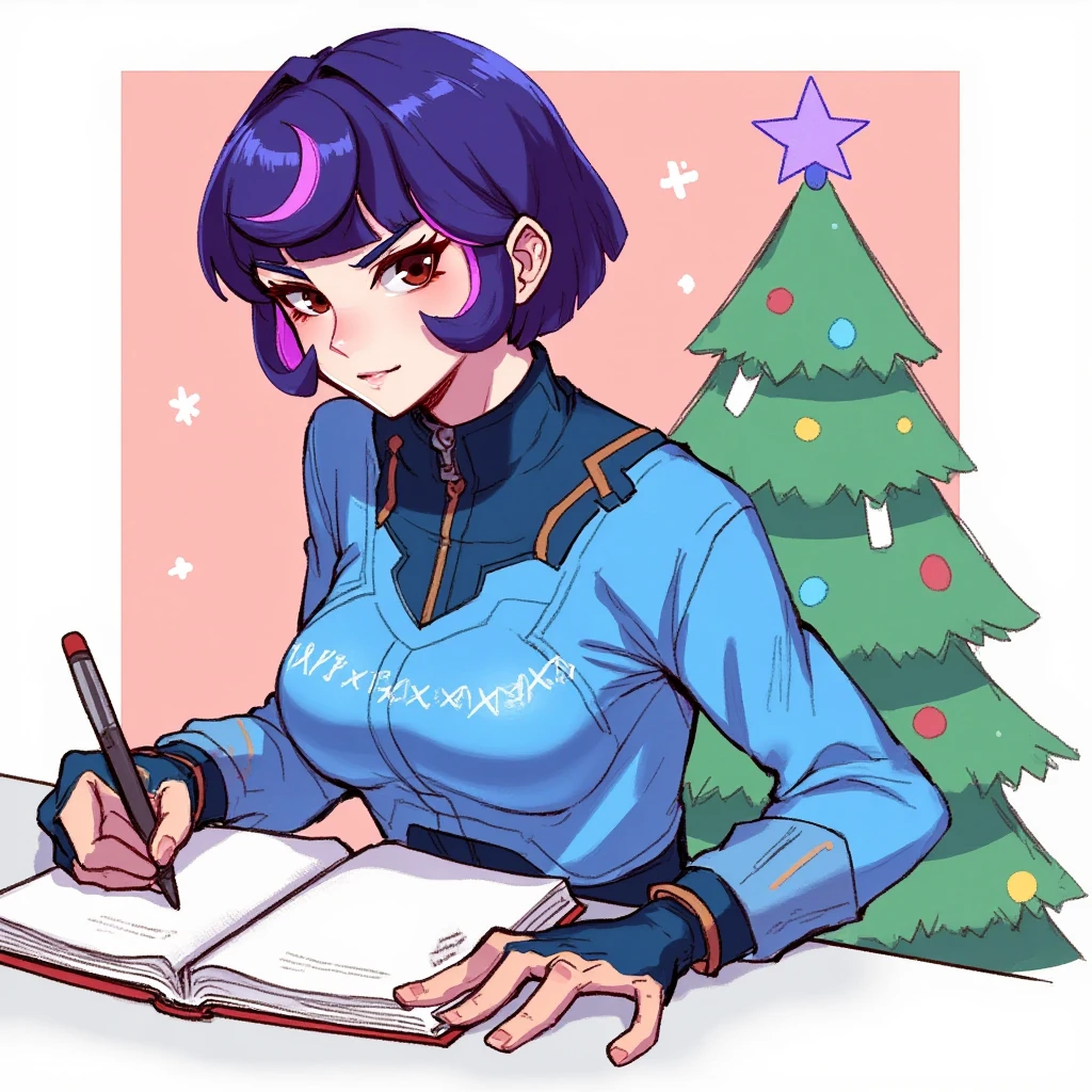 concept art of juno wearing a blue christmas sweater, writing in her notebook while sitting on a work desk, christmas tree in the background