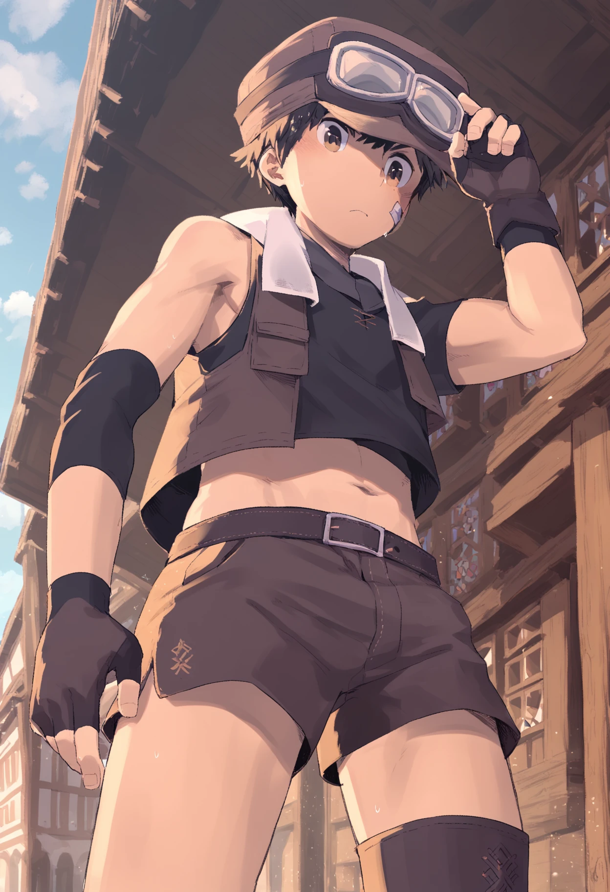 score_9, score_8_up, score_7_up, score_6_up, source_anime, outdoors, fantasy, village, from below, 1boy, solo, black hair, brown hat, goggles on headwear, prosthetic leg, shorts, black tank top, fingerless gloves, closed mouth, swminer <lora:steelwire_AMXL_v1c-ShoAI:1>