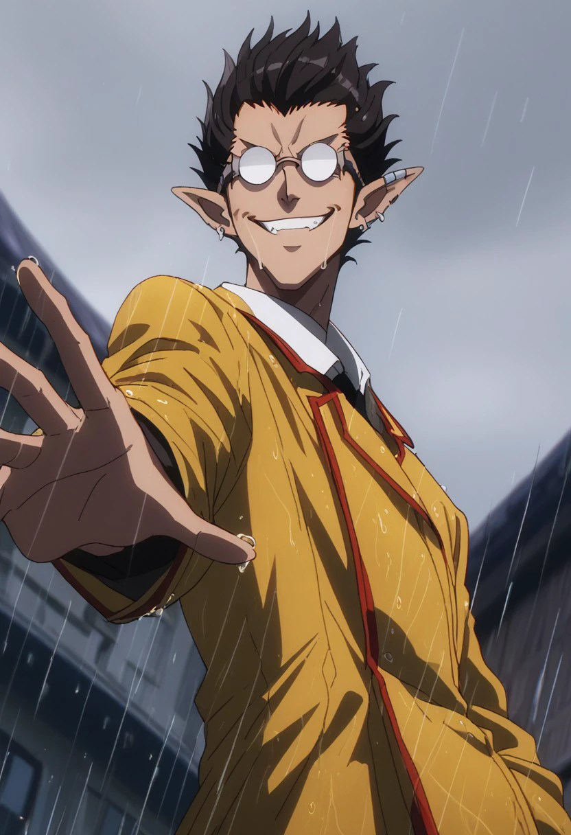 score_9, score_8_up, score_7_up, source_anime, rating_safe, raining, wet, DemiurgeOL, (black_Demiurge_hair), opaque_Demiurge_glasses, grey_Demiurge_piercings 1boy, male focus, anime screencap, yellow rain coat, shiny clothes, wide smile, teeth, outstretched arms, cross pose, blurry outdoors, grey sky, from below, dutch angle