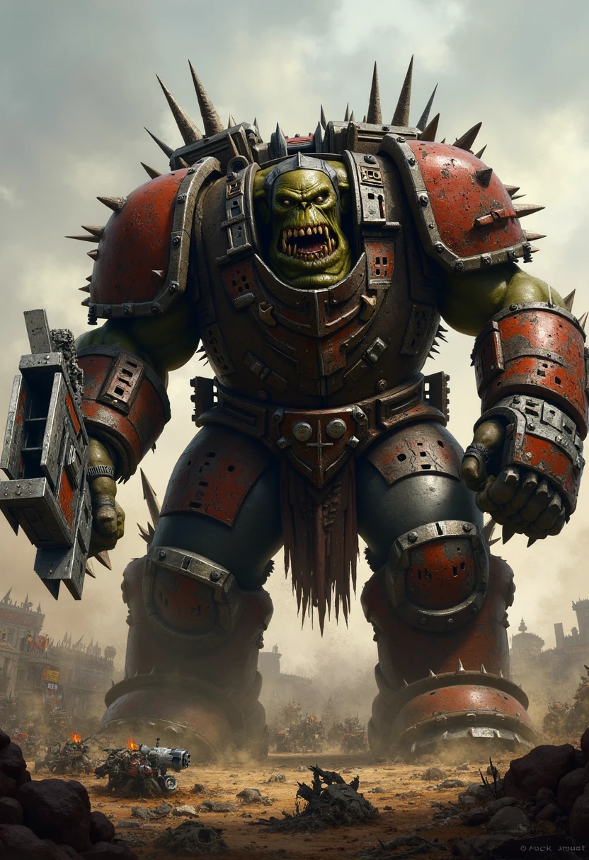 A massive Ork Nob stands in the center of the battlefield, clad in a hulking suit of Mega Armor that’s a chaotic patchwork of heavy metal plates, spikes, and crude glyphs. The armor, painted in worn, chipped reds and blacks, clanks and groans with every step, emphasizing its sheer weight and power. The Nob’s face, half-hidden behind a snarling metal helmet, grins maniacally as he wields a massive power claw in one hand and a kustom shoota in the other. The battlefield around him is a wasteland of debris and carnage, with the Ork towering over both friend and foe alike, ready to crush anything in his path.