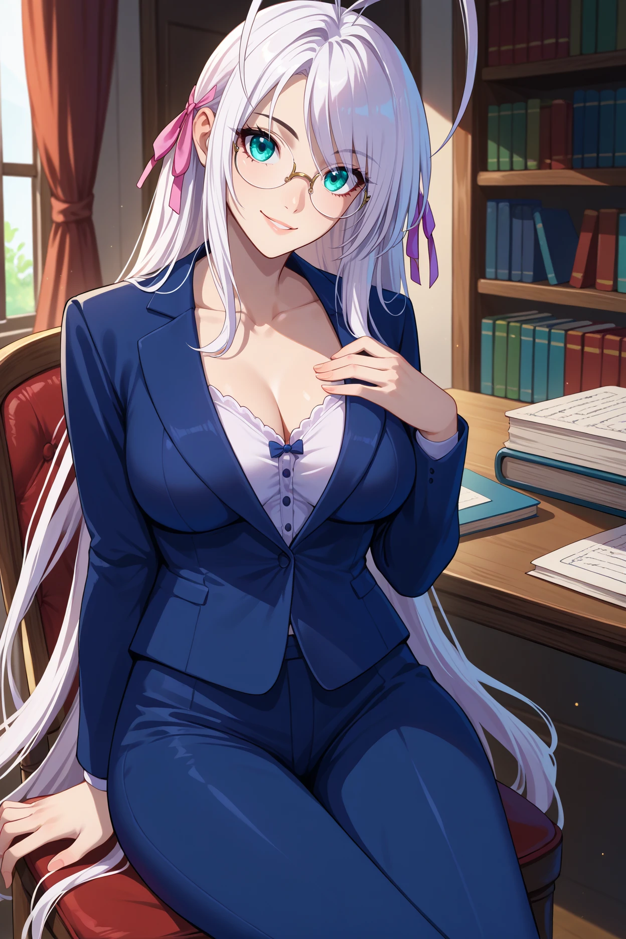 score_9, score_8_up, score_7_up, score_6_up, source_anime, 1girl, solo <lora:rossweisse-pdxl-nvwls-v1-000005:1> dxdRos, white hair, antenna hair, very long hair, cyan eyes, hair ribbon, black suit, formal, collarbone, black pants, large breasts, looking at you, glasses, looking at you, smile, desk, chair, bookshelf, sitting in chair