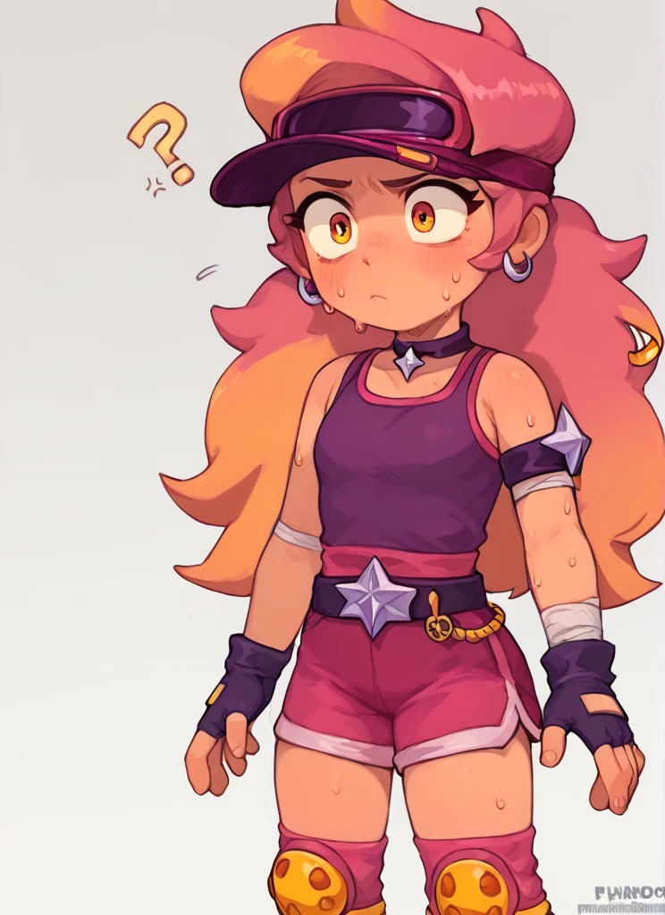 score_9, score_8_up, score_7_up,   <lora:boamber:1>boamber   ,1 girl  , multicolored hair, long hair  ,purple tank top,  belt, yellow knee pads, shorts ,  skirt, shorts under skirt, visor cap,   pink headwear, fingerless gloves,  <lora:PossumMachine:1>posmach  , confused ,Arm band , ??? ,sweat,