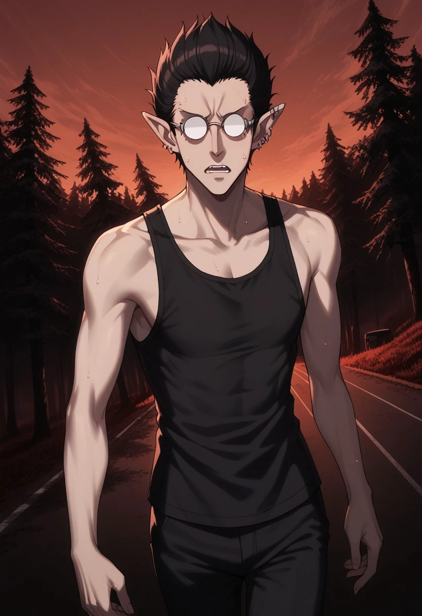 score_9, score_8_up, score_7_up, source_anime, rating_safe, dark, trees, fog, DemiurgeOL, (black_Demiurge_hair), opaque_Demiurge_glasses, grey_Demiurge_piercings 1boy, male focus, sweating, tank top, parted lips, scared, hands with five fingers, blurry outdoors, ruanyi0927,red sky,forest from above, dutch angle, horror (theme),