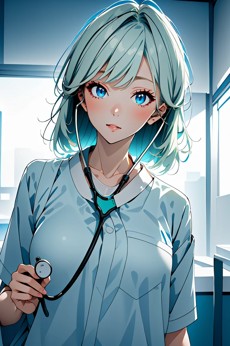 (RAW photo, best quality,facing the viewer,from front), operating room, overhead surgical light,blurred background, focused, dithering,backlighting,
 <lora:CMC924_Jade_Yamamoto_V1.0:0.9> cmc924, jade yamamoto, 1girl, solo, green hair, blue eyes,
 <lora:concept_stethoscope_listen_v2_1:0.9> (stethoscope_listen),