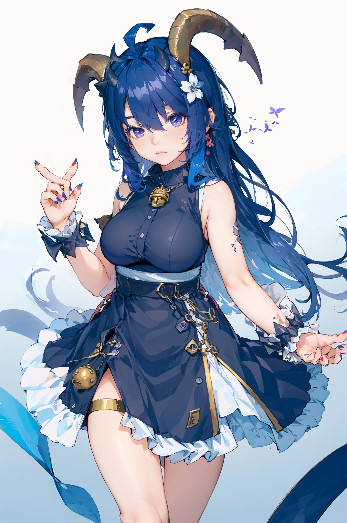 woman 160 cm tall, slim build, , charming look, ((heterocromia: look like, derecho naranja y look like izquierdo violeta)), (Shoulder Length Wavy Gray Hair, She has a medium braid on the left side of her hair., big open bangs, has a gear hairpin on the right side of the hair), (((complex mechanical legs up to the hip, The legs are black with gray parts with small pink details))), (((complex mechanical arms up to the elbows, The arms are black with gray parts with small pink details))), (complex mechanical angel wings of white color with dark gray parts), (elegant black French beret with an orange rose ribbon), (elegant thigh-length one-piece dress, short bell skirt, short sleeves, elegant black hip belt with orange parts, small rose brooch in the middle of the chest, beautiful stiletto heels with a medium ribbon at the back, blue and black ribbon decorations on the dress, small gears on the skirt of the dress), (((character design sheet: Front view))), ((full body)), extremely detailed beautiful hair, beautiful detailed dress, extremely detailed arms, extremely detailed face, (Extremely detailed hands), perfect hands, small face, hermosos look likes detallados, beautiful detailed lips, adorable, extremely detailed legs, (Best Quality, 8k, Ultra resolution), ultra detailed, Exquisite and epic character art, ((White background)), (Focus on symmetry).