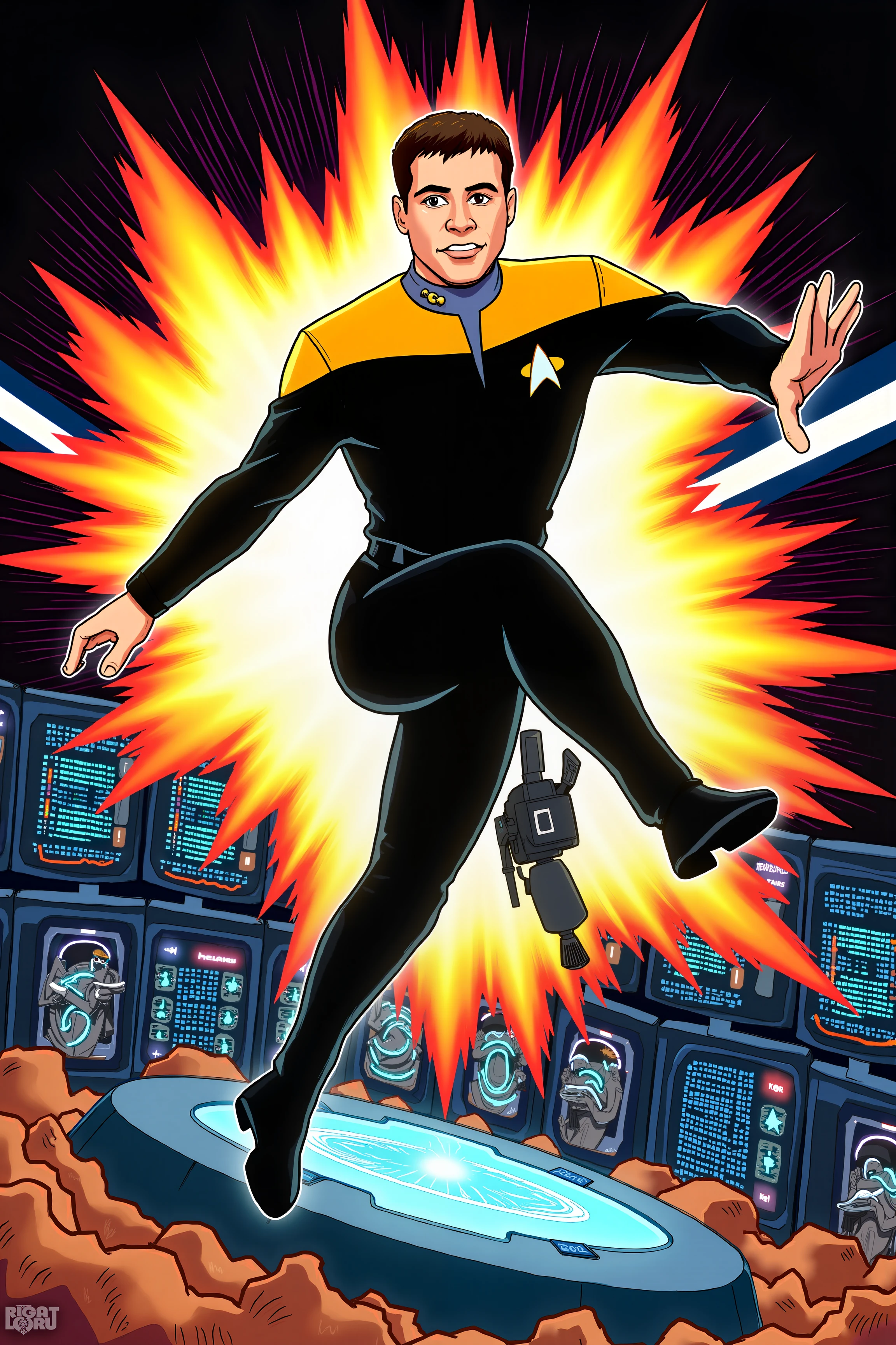 A vibrant cartoon action scene featuring a daring individual in a black Voyager uniform with yellow shoulders. The character, with an energetic and determined expression, is leaping through the air, kicking off a floating platform. Their uniform is impeccably detailed, with the distinctive yellow and black design, and they wear a futuristic communicator on their wrist. Behind them, a burst of dazzling, neon-colored energy trails, suggesting intense motion and action. In the background, a high-tech starship interior is bustling with holographic control panels and glowing screens. Various sci-fi gadgets and machinery are visibly in motion, adding to the dynamic atmosphere. The scene is framed by a vibrant array of explosive action effects—comic-style speed lines and dynamic, angular shapes—conveying a sense of high-stakes adventure and excitement.